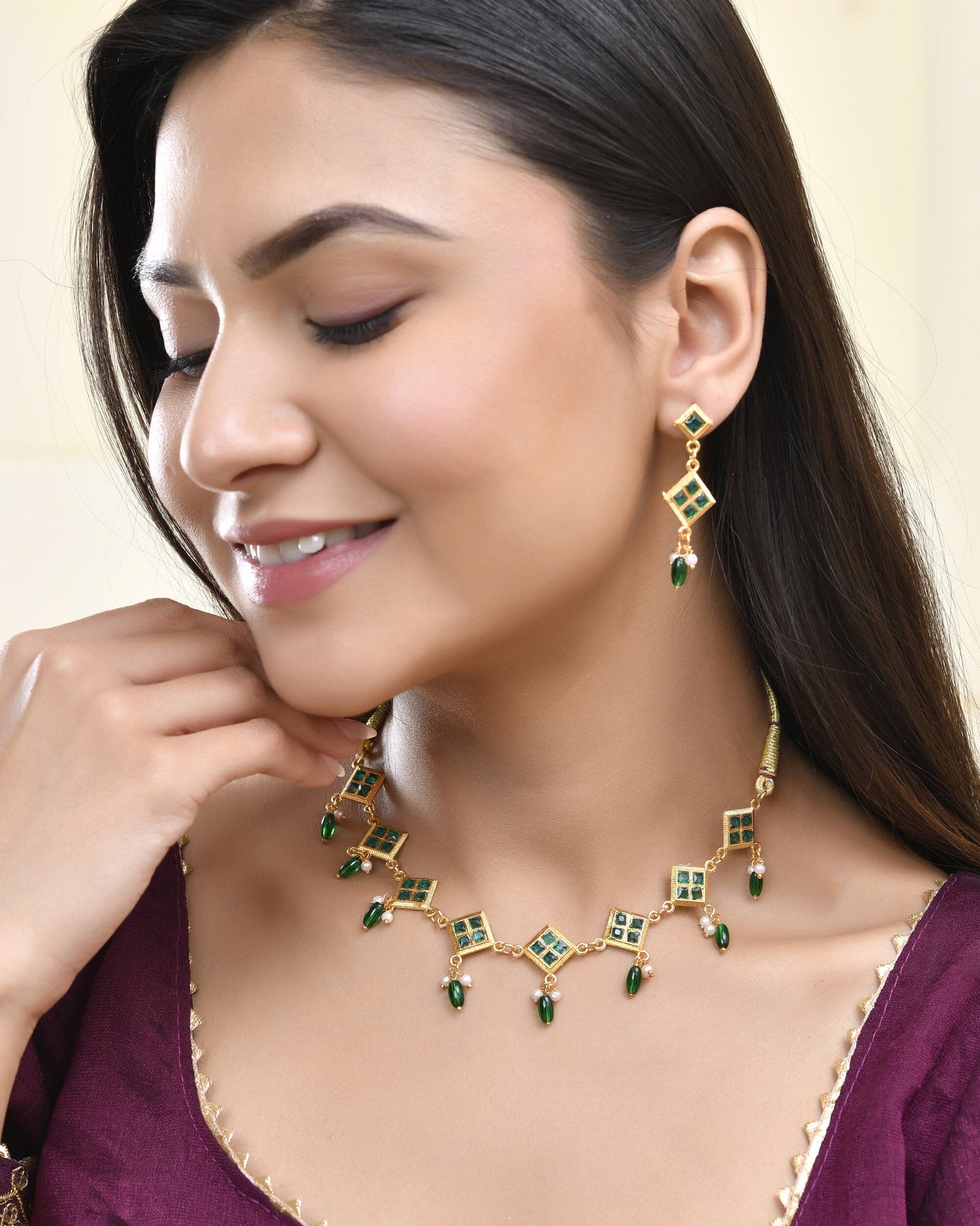 Jewels Nest Elegant Green Square Drop Necklace & Earrings Set - Swadesiicart
