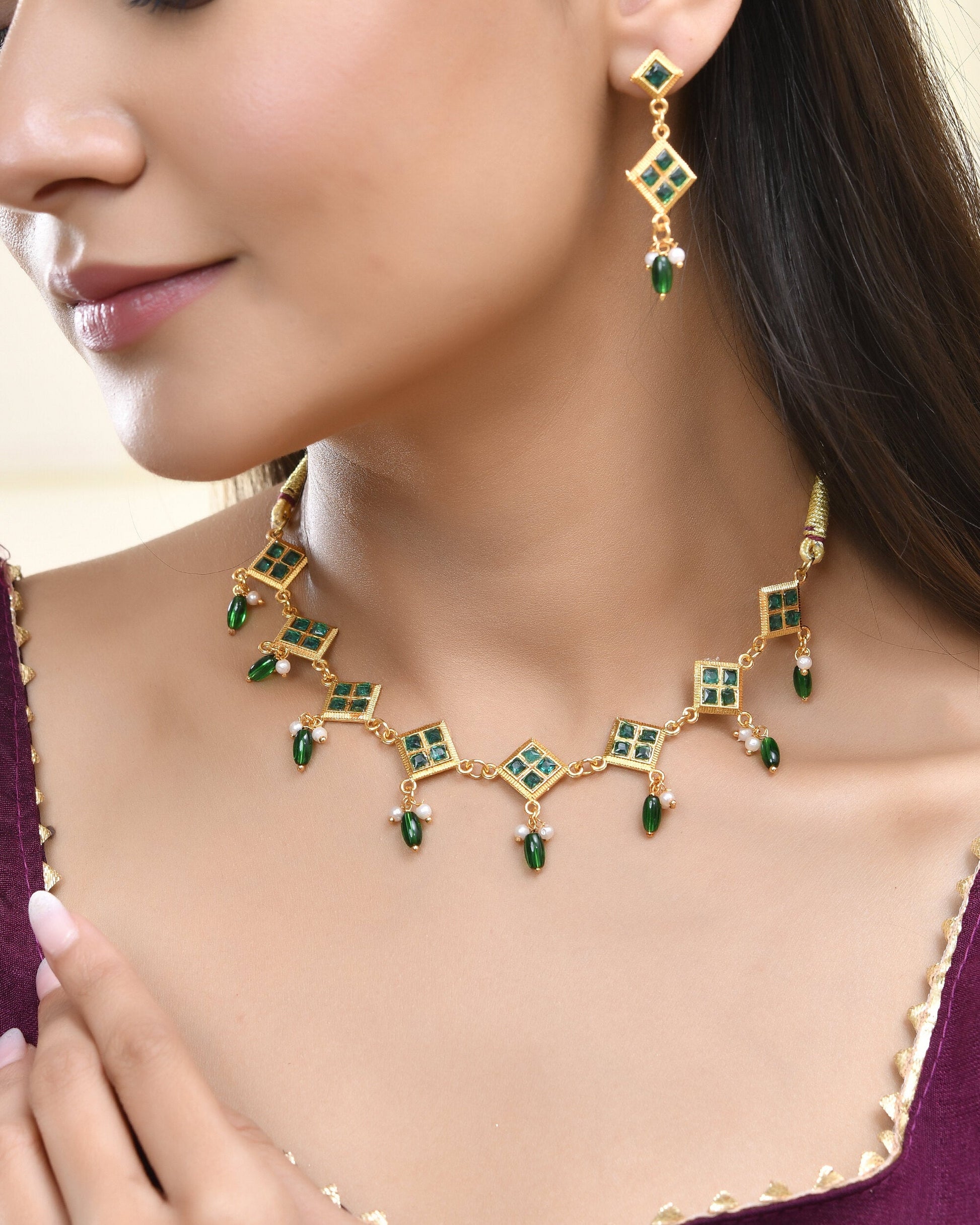Jewels Nest Elegant Green Square Drop Necklace & Earrings Set - Swadesiicart