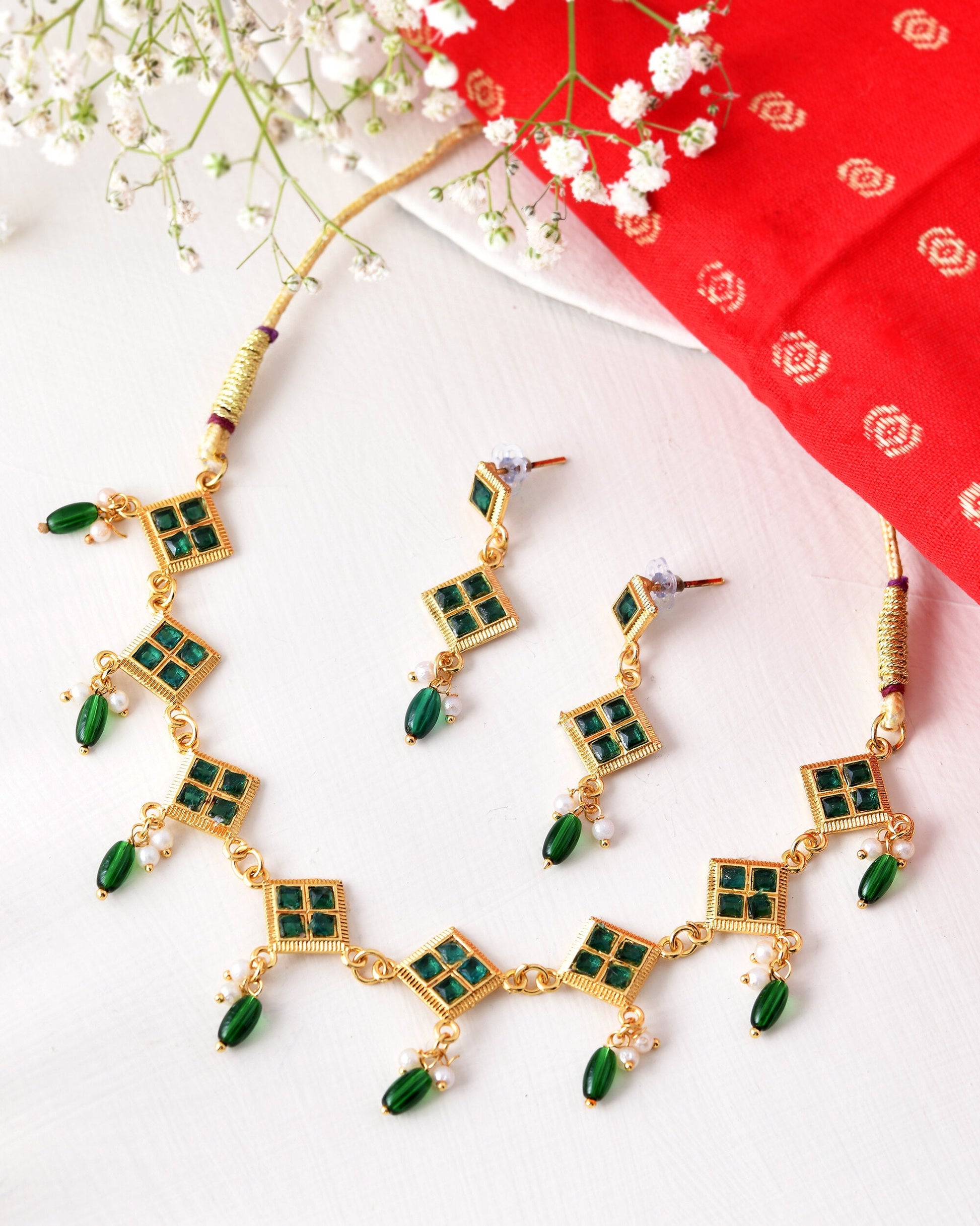 Jewels Nest Elegant Green Square Drop Necklace & Earrings Set - Swadesiicart