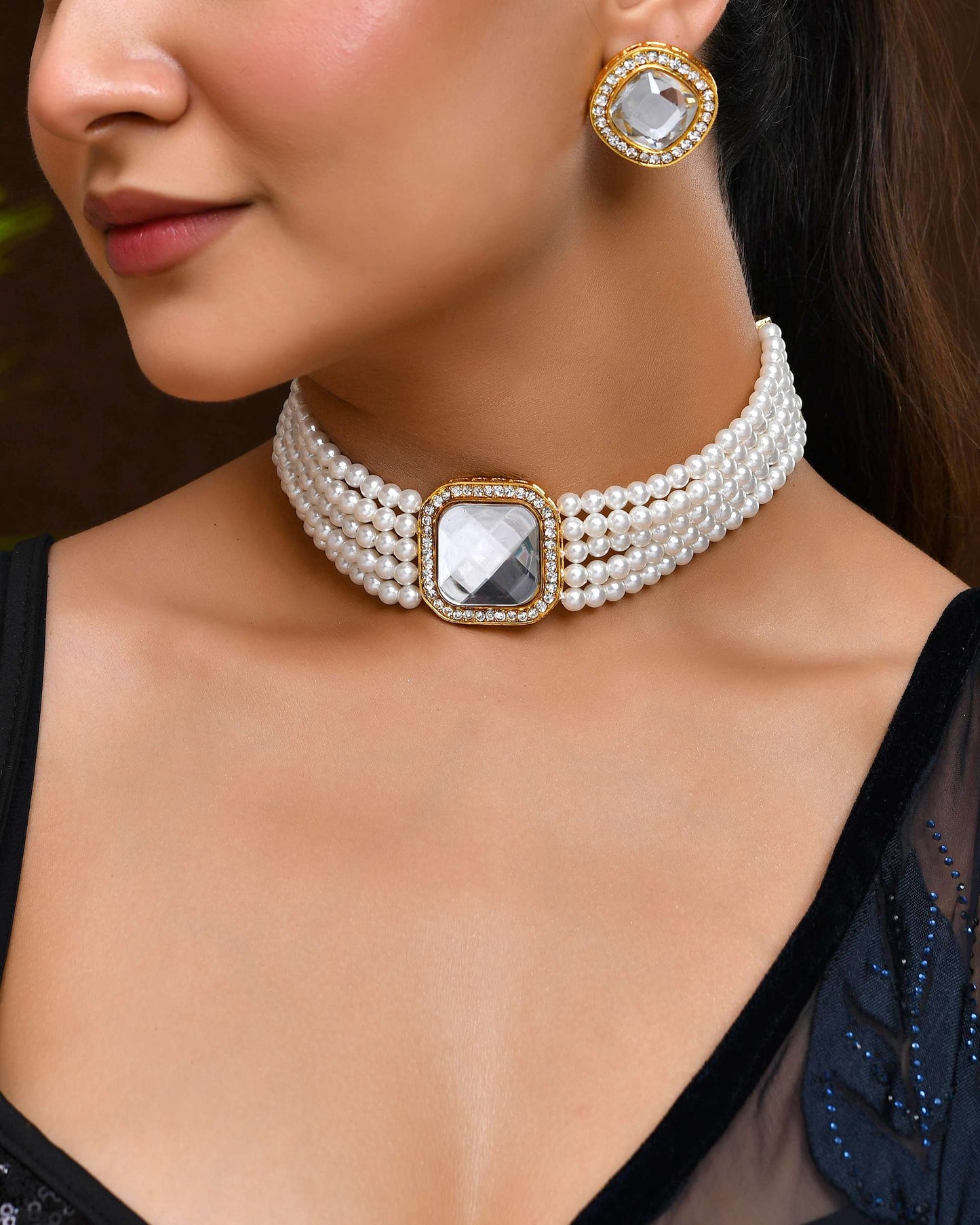 Jewels Nest Elegant Pearl Kundan Choker Necklace Set with Matching Earrings – Traditional Bridal Jewellery - Swadesiicart