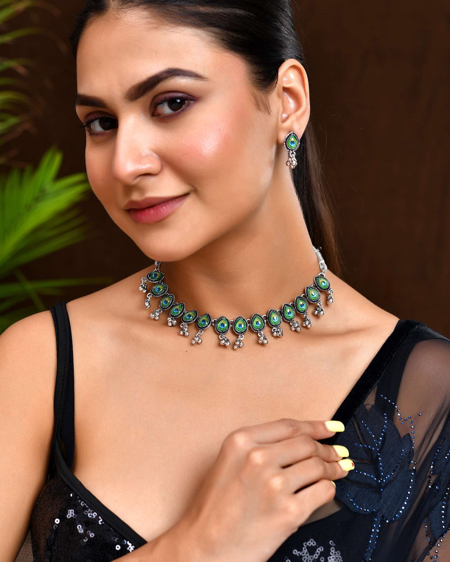 Jewels Nest Oxidised Silver Peacock Feather Necklace with Matching Earrings Set - Swadesiicart