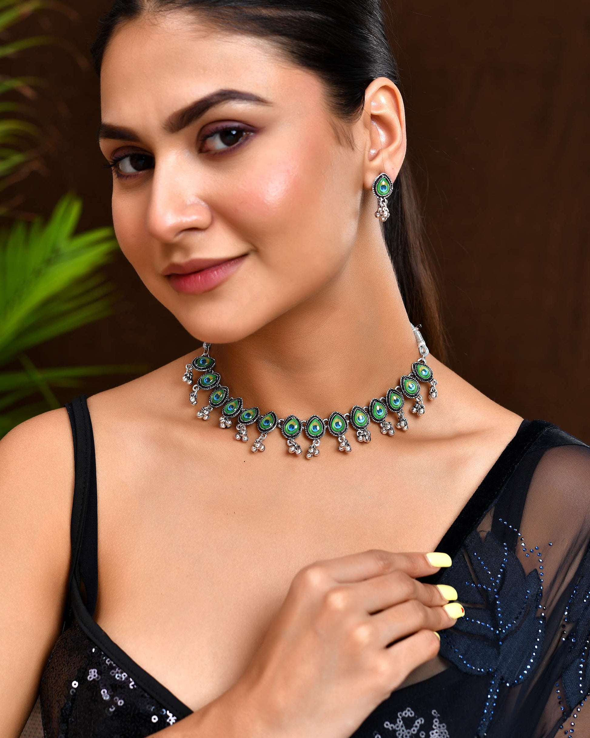 Jewels Nest Oxidised Silver Peacock Feather Necklace with Matching Earrings Set - Swadesiicart