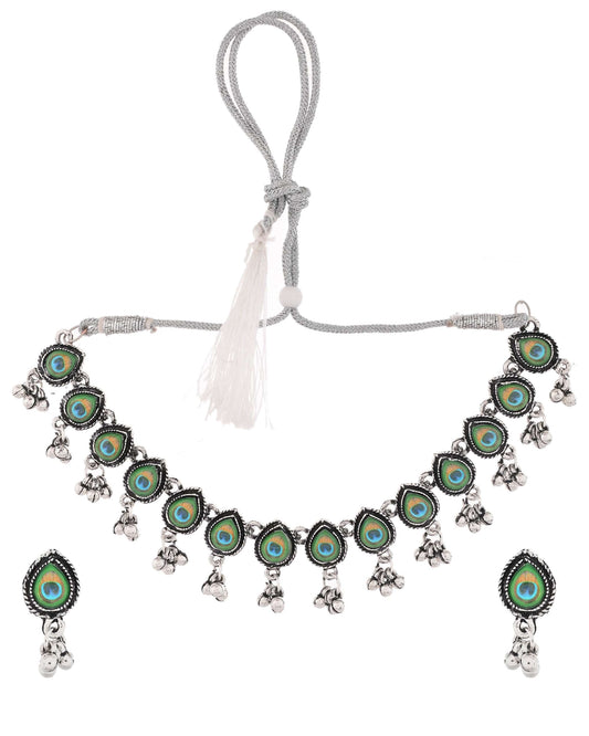 Jewels Nest Oxidised Silver Peacock Feather Necklace with Matching Earrings Set - Swadesiicart