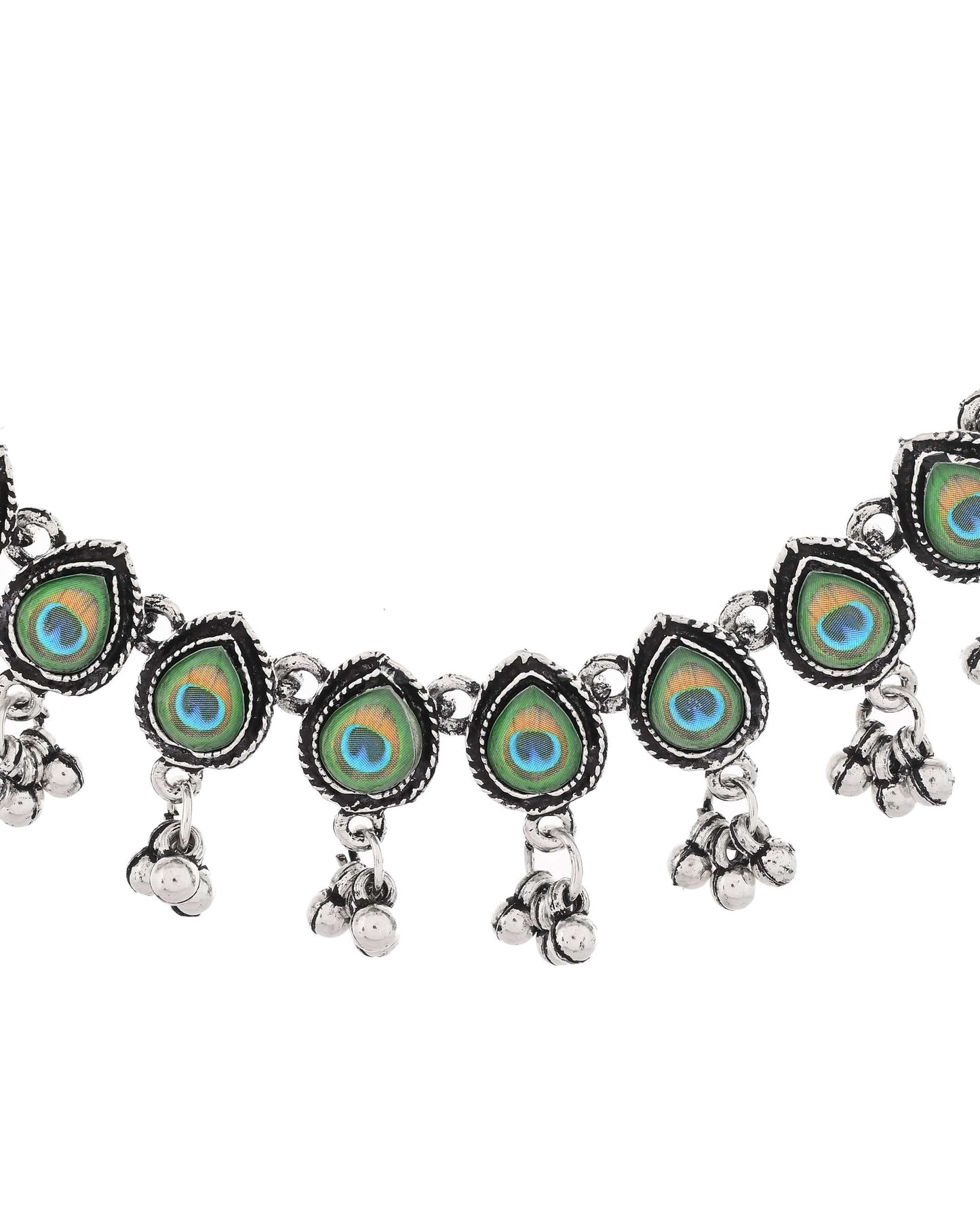 Jewels Nest Oxidised Silver Peacock Feather Necklace with Matching Earrings Set - Swadesiicart