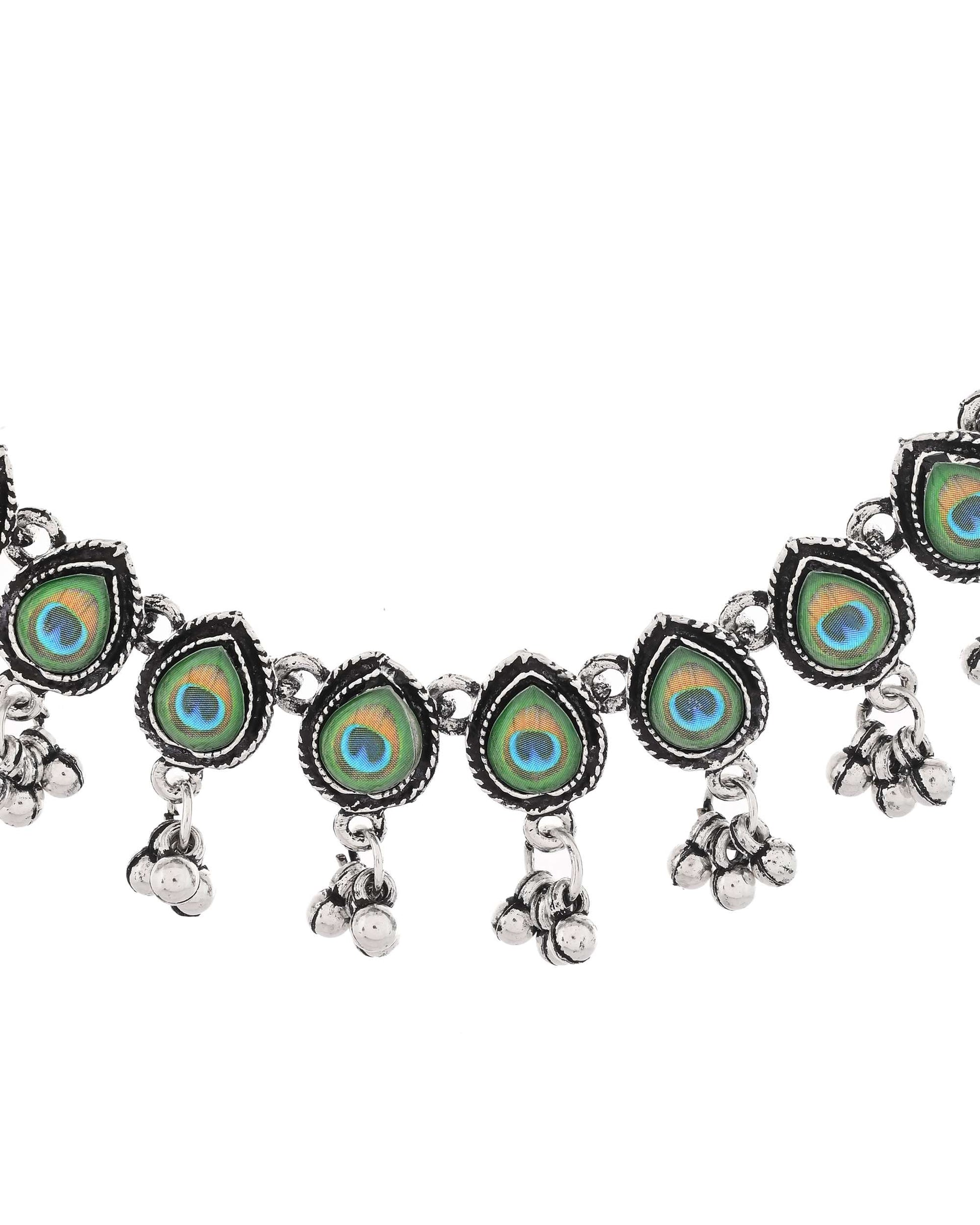 Jewels Nest Oxidised Silver Peacock Feather Necklace with Matching Earrings Set - Swadesiicart
