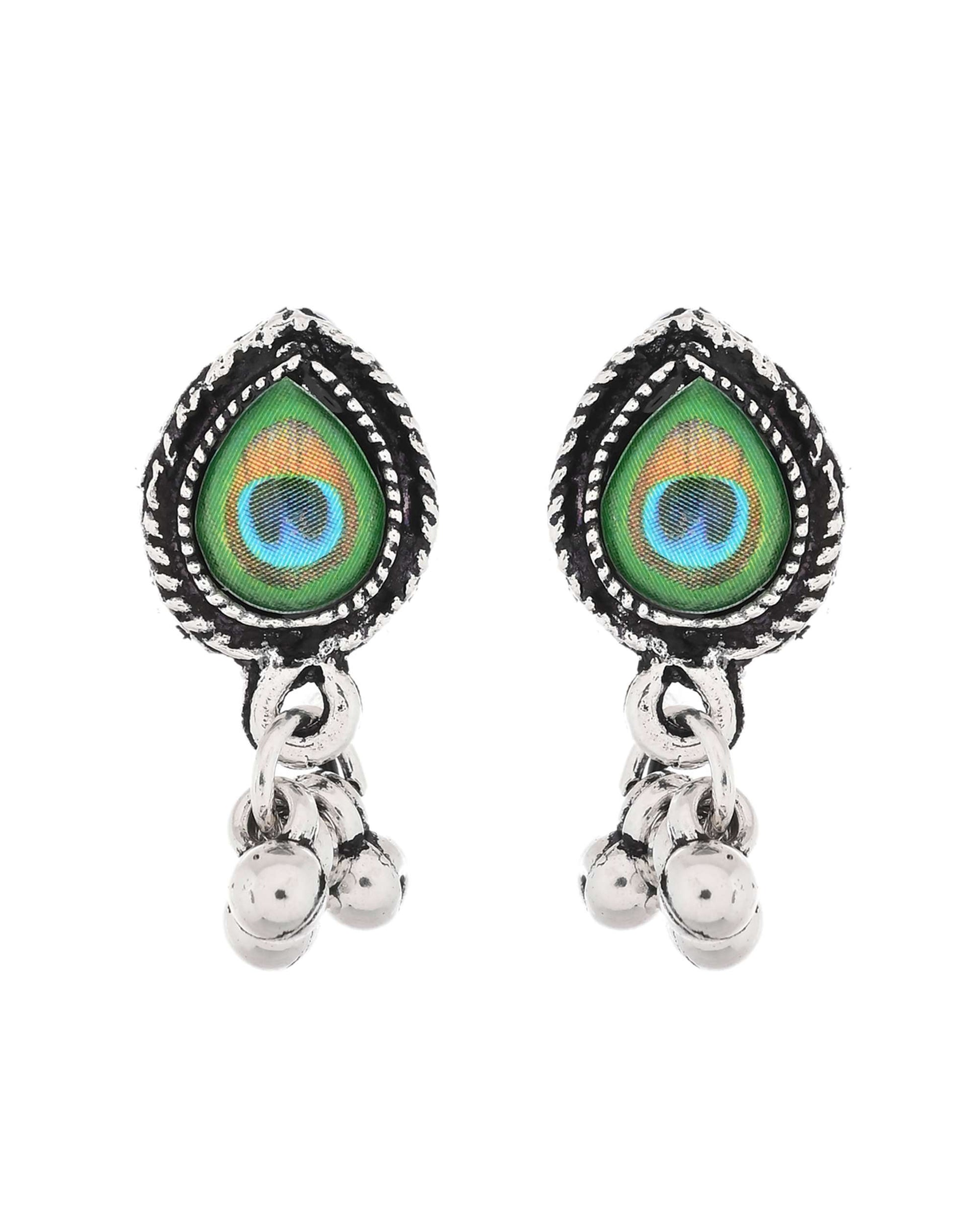 Jewels Nest Oxidised Silver Peacock Feather Necklace with Matching Earrings Set - Swadesiicart