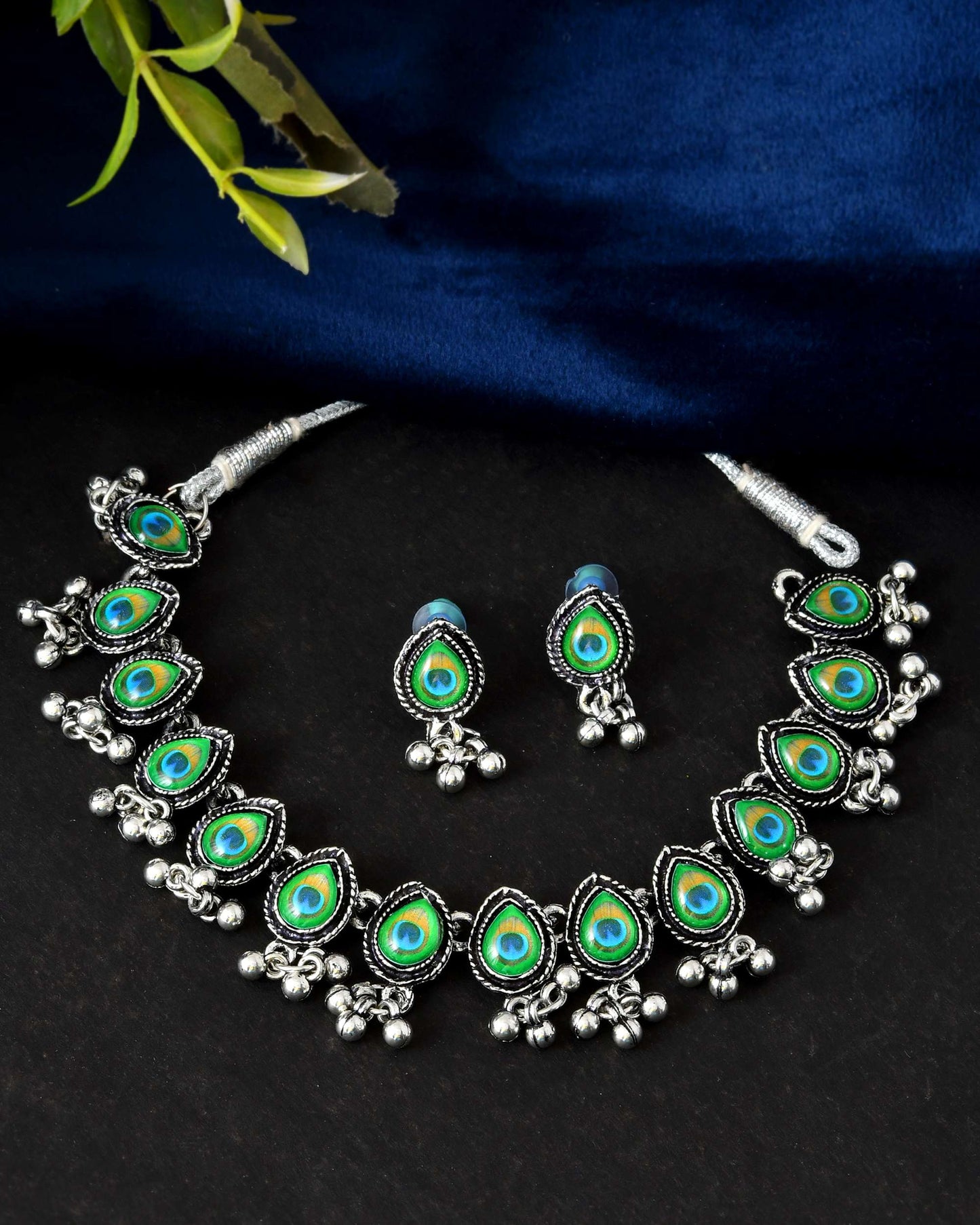 Jewels Nest Oxidised Silver Peacock Feather Necklace with Matching Earrings Set - Swadesiicart
