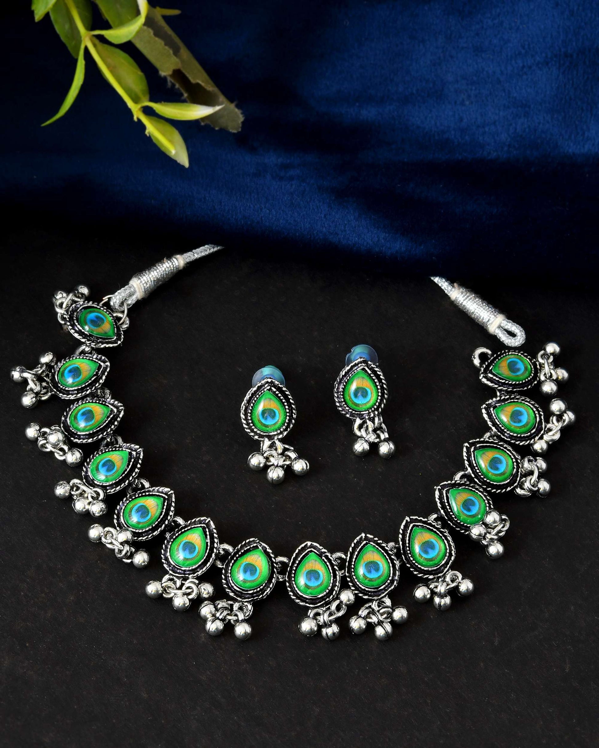 Jewels Nest Oxidised Silver Peacock Feather Necklace with Matching Earrings Set - Swadesiicart