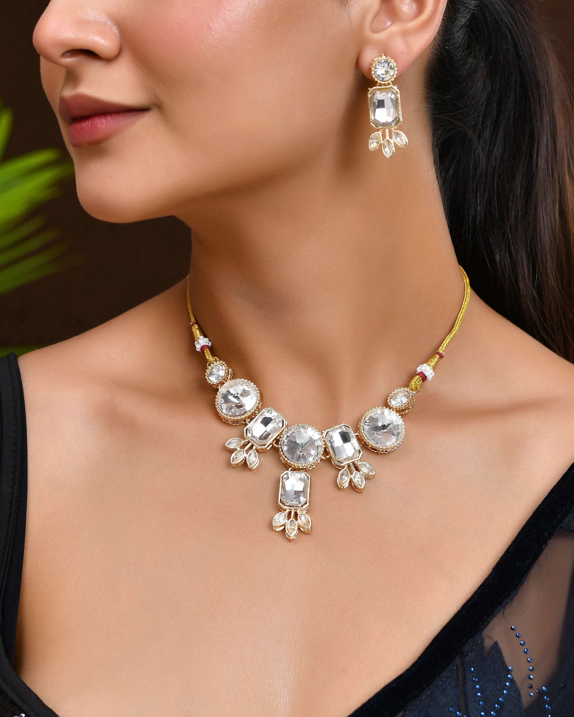 Jewels Nest Gold-Plated AD Stone Choker Necklace with Leaf Motif Detailing for Women - Swadesiicart