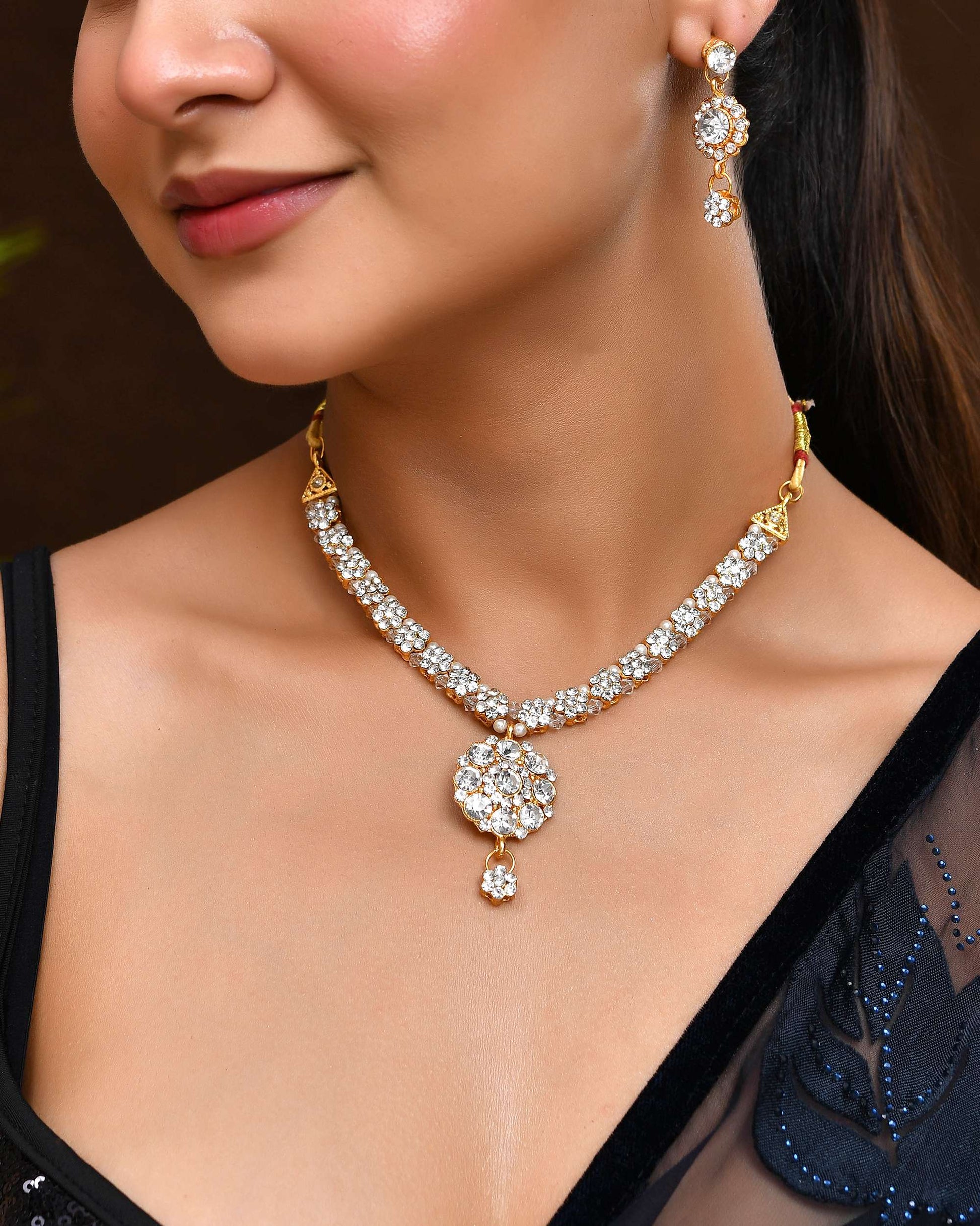 Jewels Nest Glamorous Gold-Plated Crystal Bridal Necklace Set with Earrings & Maang Tikka - Swadesiicart
