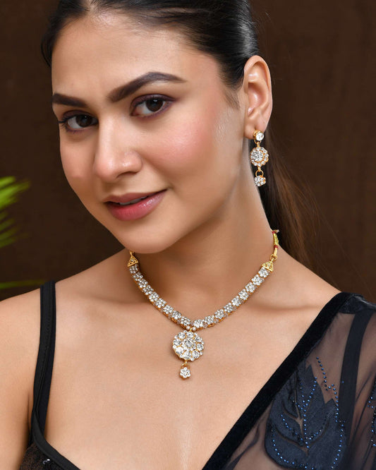 Jewels Nest Glamorous Gold-Plated Crystal Bridal Necklace Set with Earrings & Maang Tikka - Swadesiicart