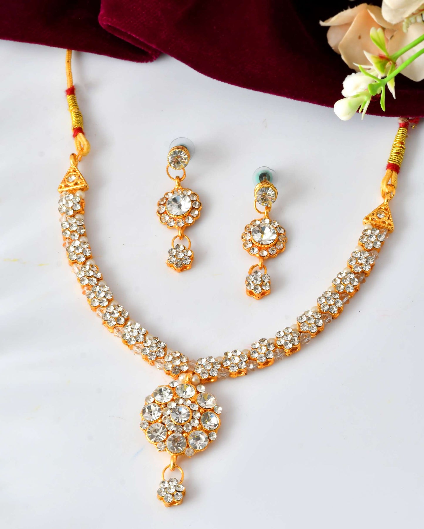 Jewels Nest Glamorous Gold-Plated Crystal Bridal Necklace Set with Earrings & Maang Tikka - Swadesiicart