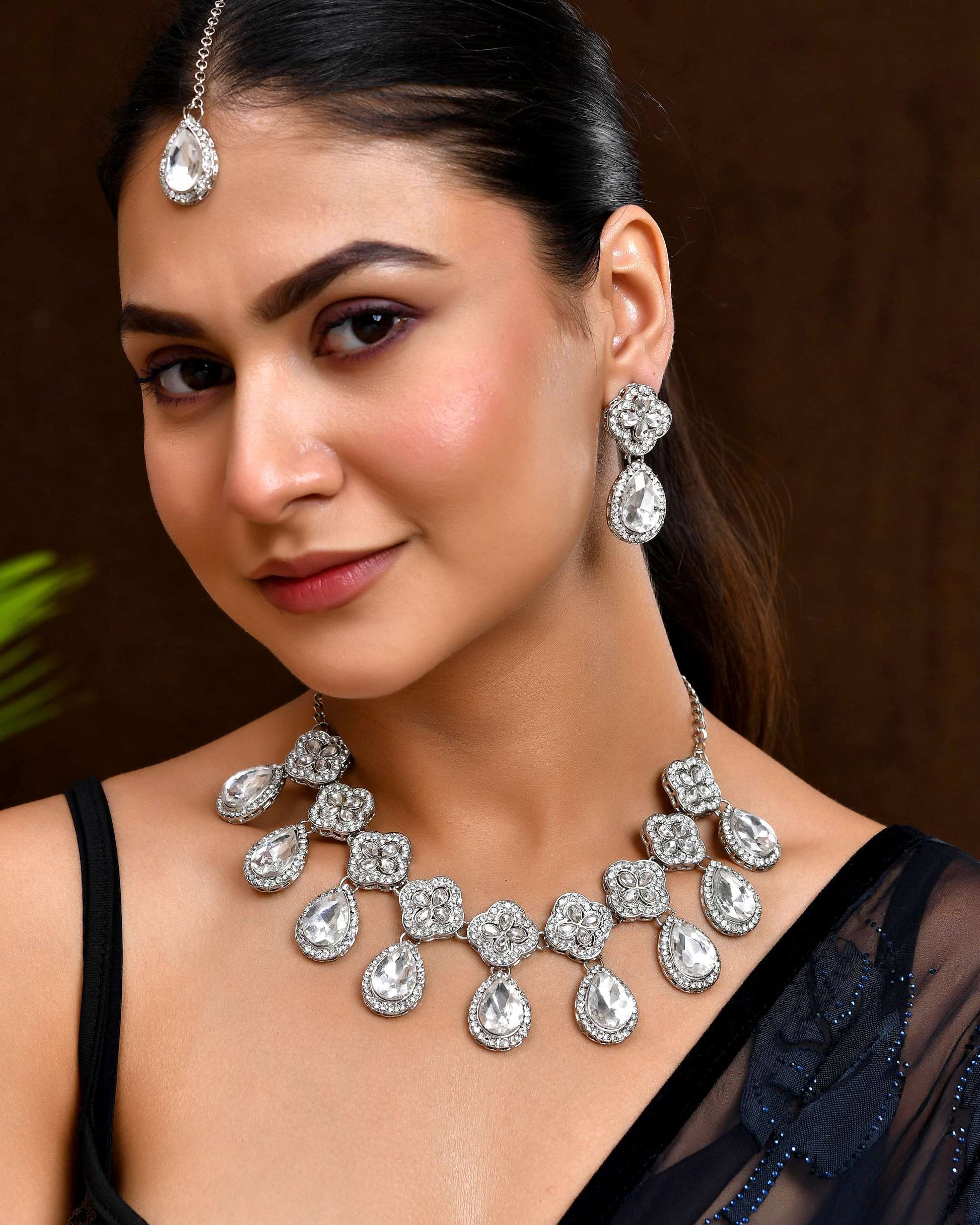 Jewels Nest Elegant Silver-Tone Crystal Drop Necklace for Weddings & Party Wear - Swadesiicart
