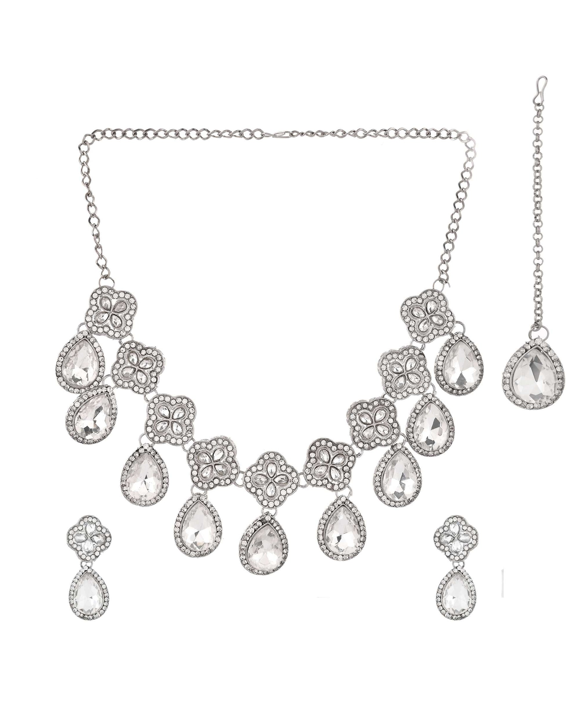 Jewels Nest Elegant Silver-Tone Crystal Drop Necklace for Weddings & Party Wear - Swadesiicart