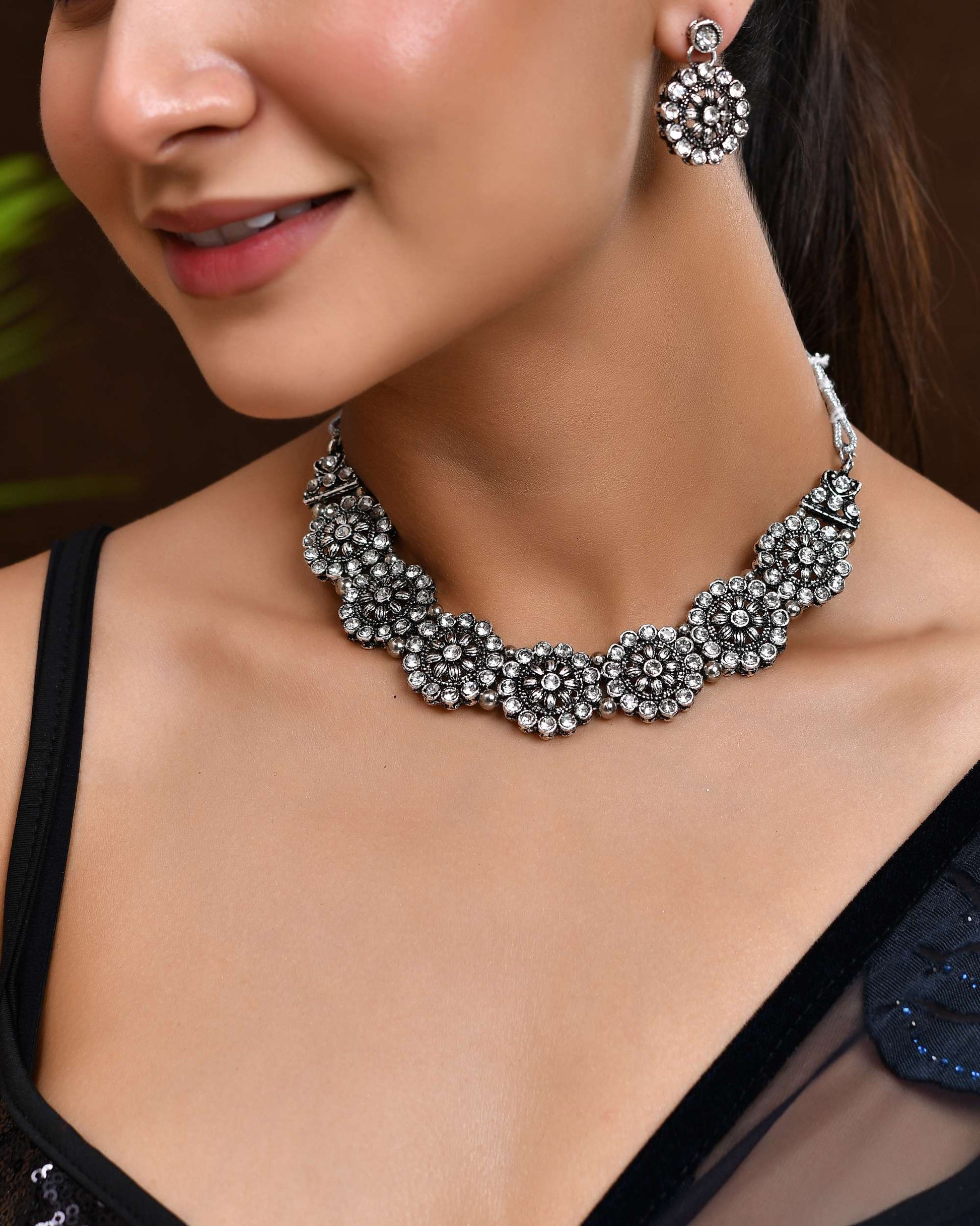 Jewels Nest Oxidised Silver Floral Necklace – Tribal Choker for Ethnic & Fusion Wear - Swadesiicart