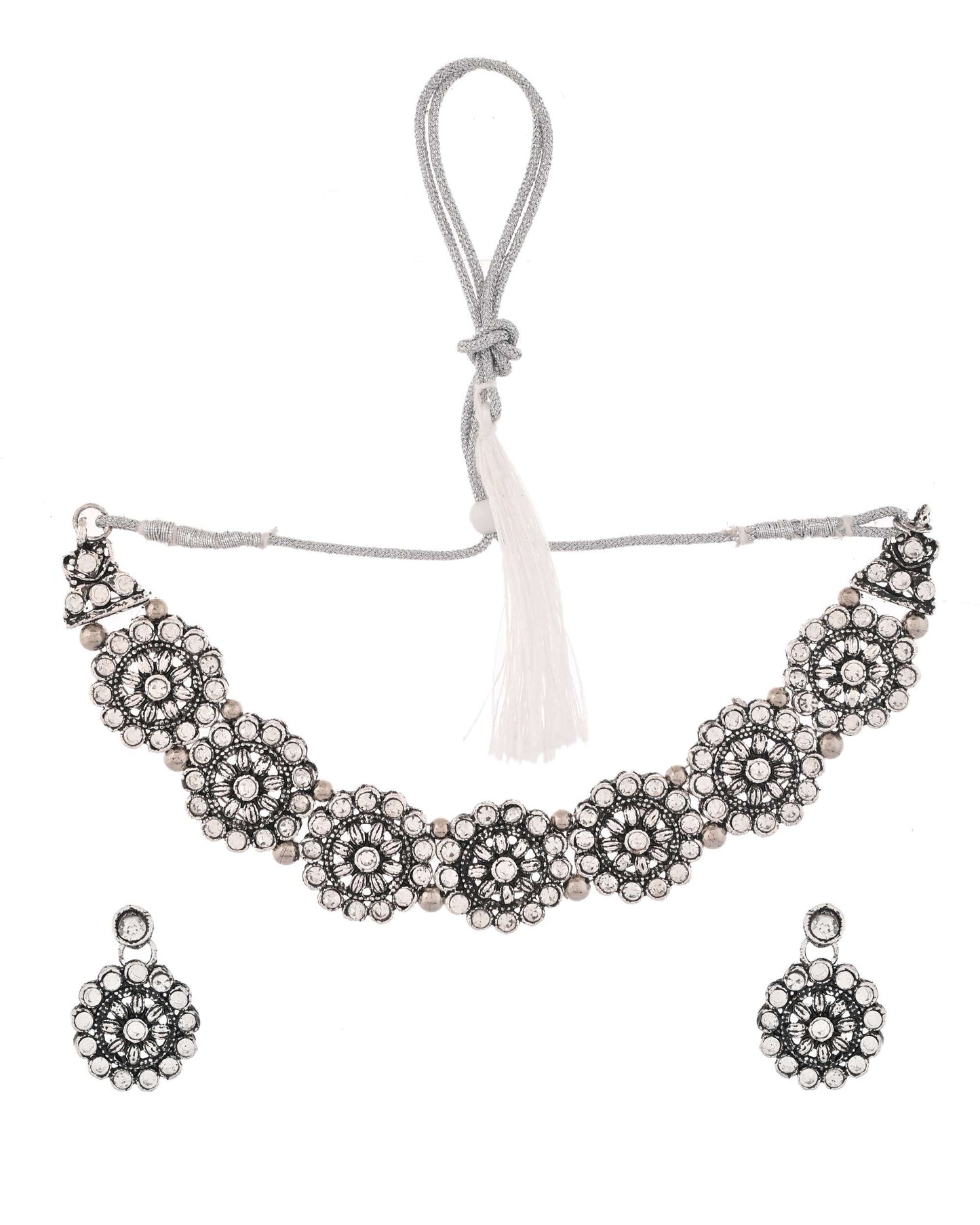 Jewels Nest Oxidised Silver Floral Necklace – Tribal Choker for Ethnic & Fusion Wear - Swadesiicart