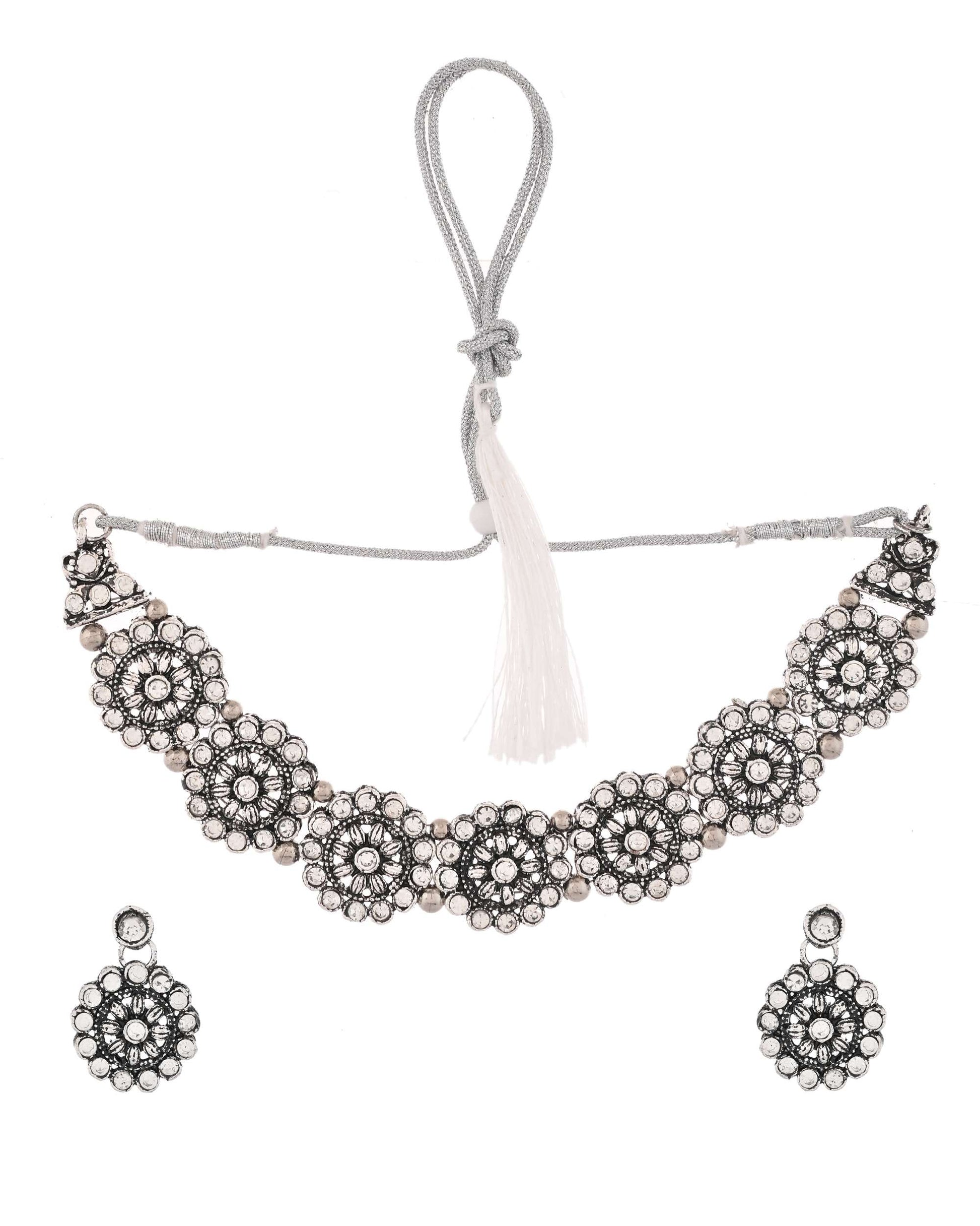 Jewels Nest Oxidised Silver Floral Necklace – Tribal Choker for Ethnic & Fusion Wear - Swadesiicart