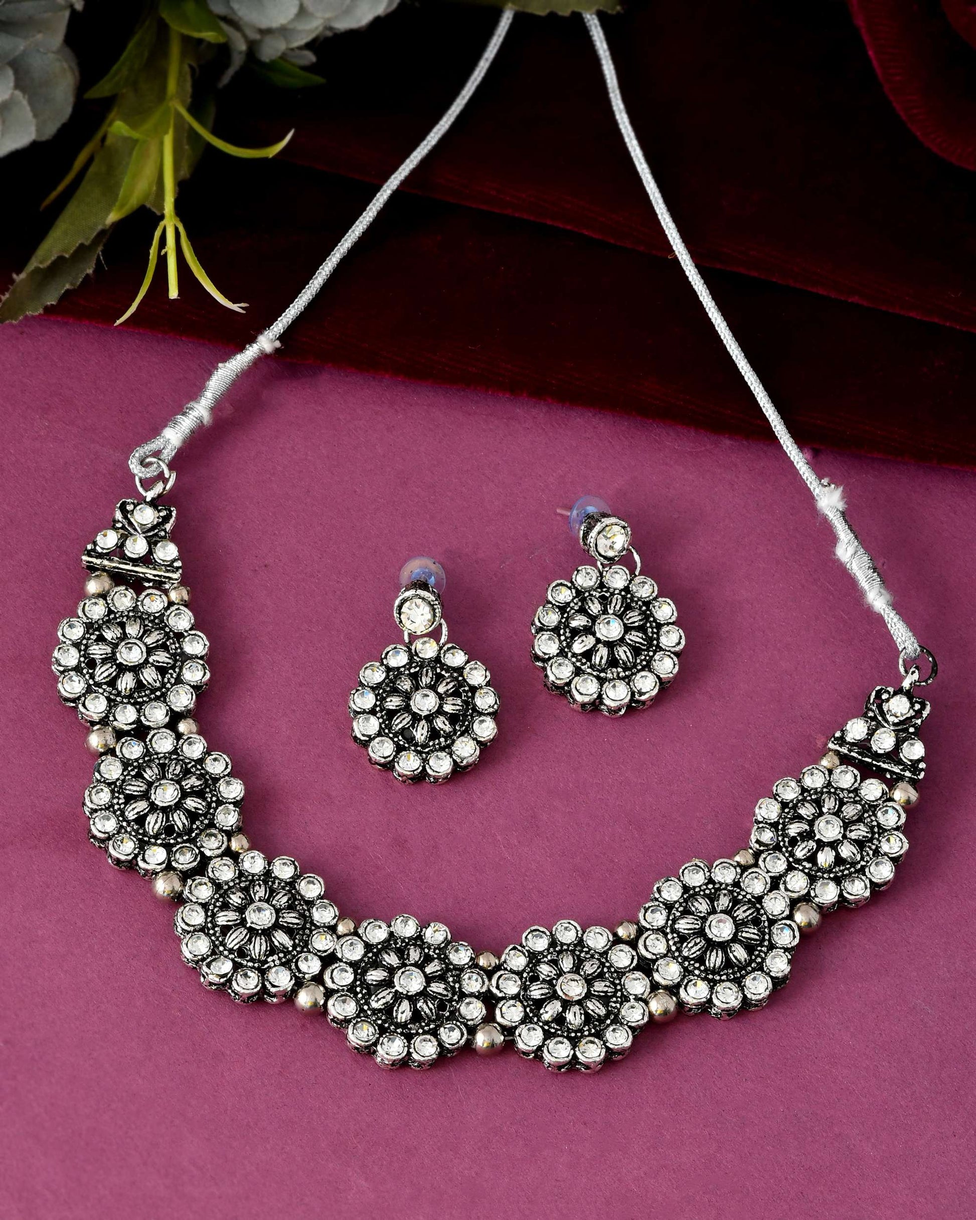 Jewels Nest Oxidised Silver Floral Necklace – Tribal Choker for Ethnic & Fusion Wear - Swadesiicart