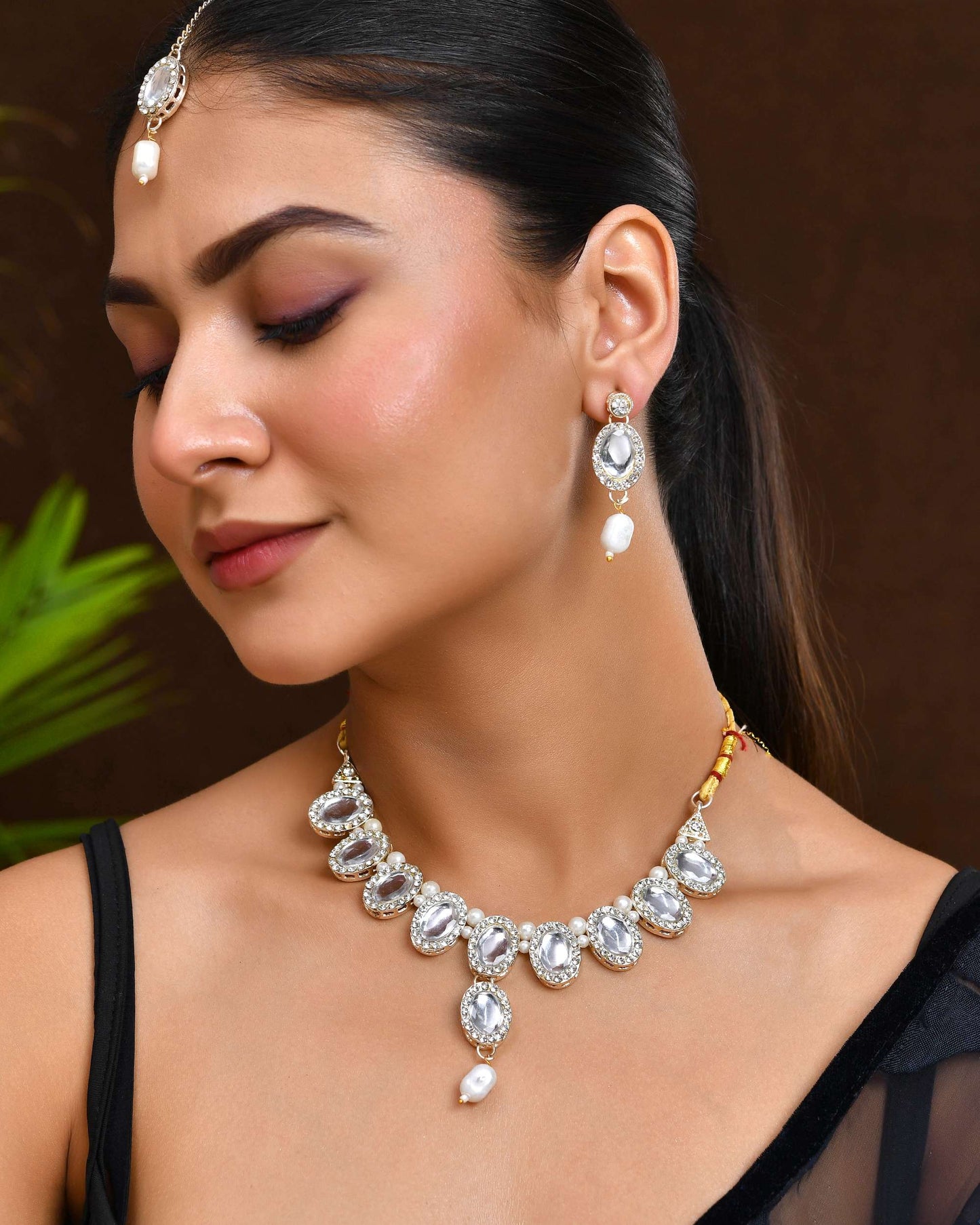 Jewels Nest Elegant White Stone & Pearl Choker Necklace Set with Earrings – Bridal & Festive Wear - Swadesiicart