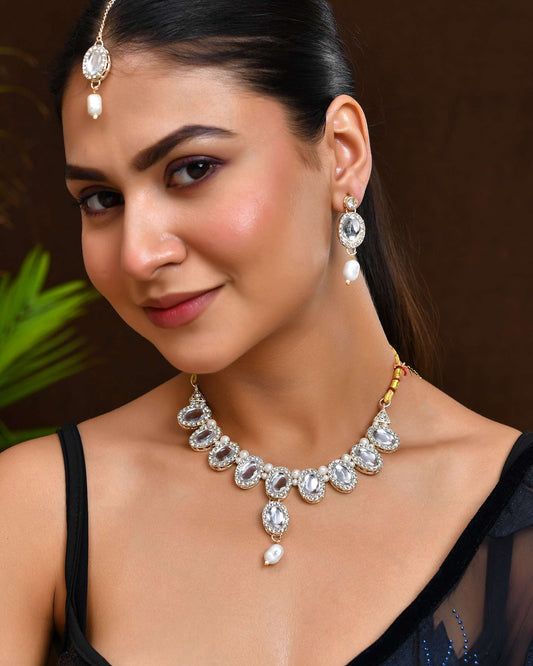 Jewels Nest Elegant White Stone & Pearl Choker Necklace Set with Earrings – Bridal & Festive Wear - Swadesiicart