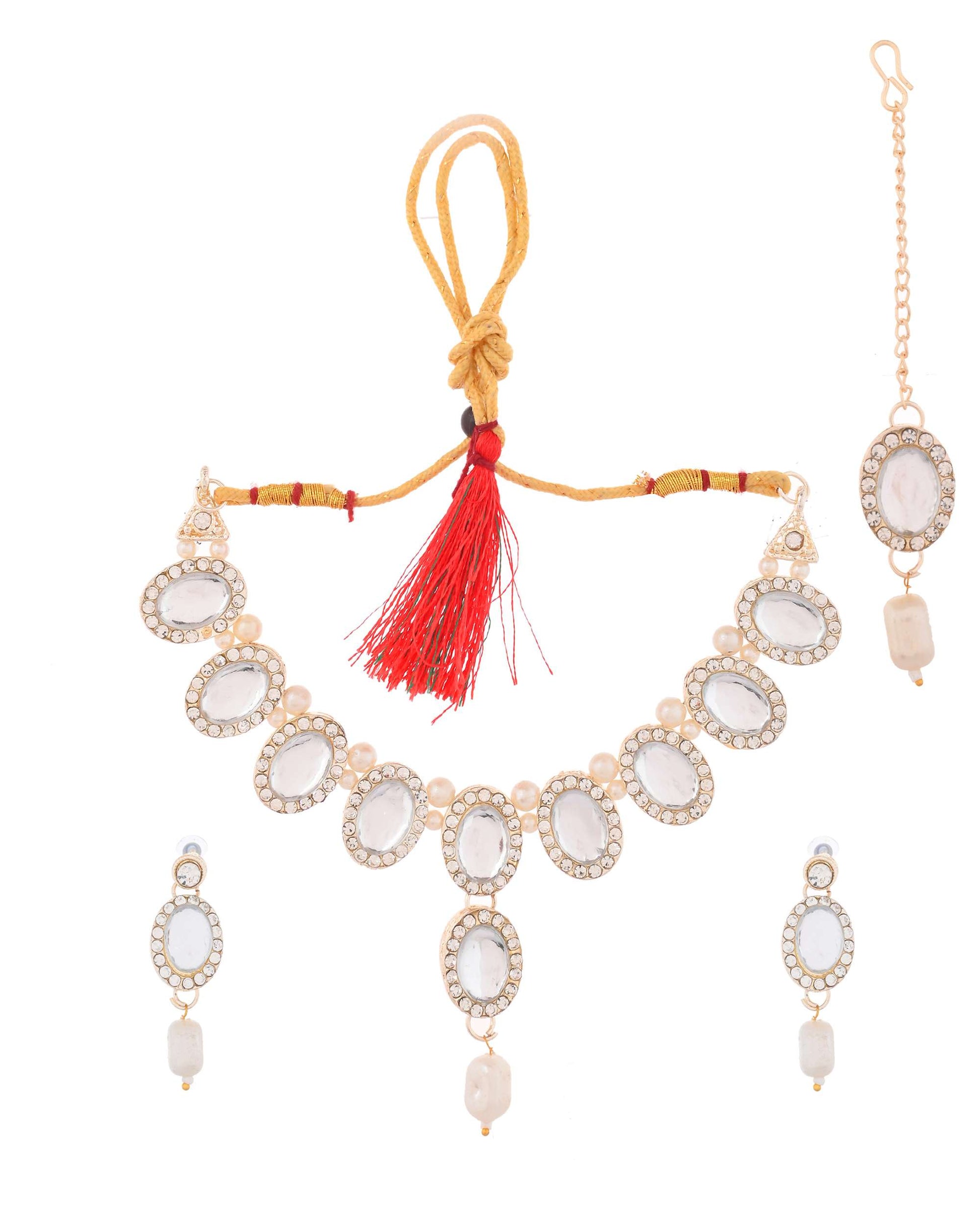 Jewels Nest Elegant White Stone & Pearl Choker Necklace Set with Earrings – Bridal & Festive Wear - Swadesiicart
