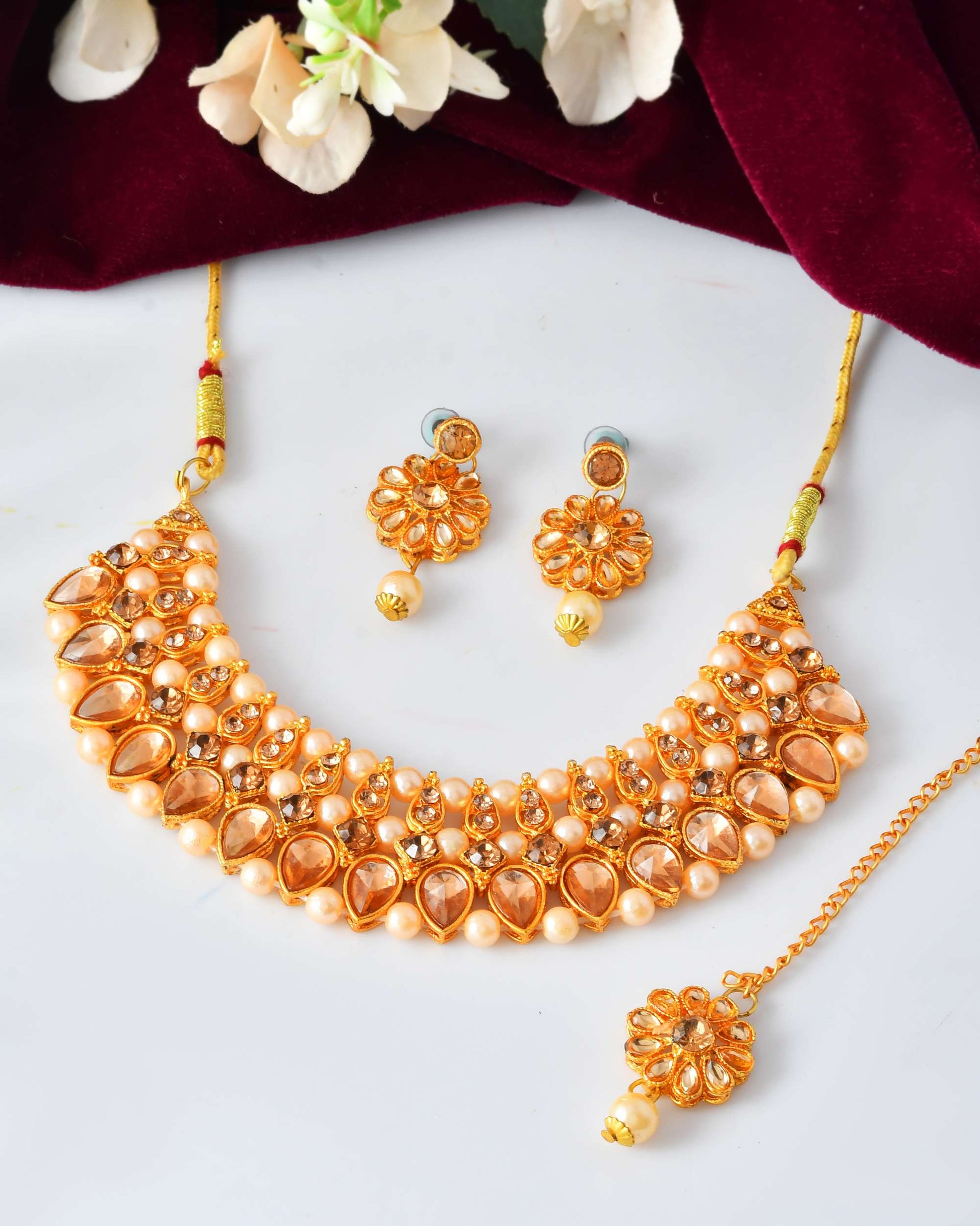 Jewels Nest Gold-Plated Kundan-Style Choker Necklace Set with Pearls & Earrings – Ethnic Wedding Jewellery - Swadesiicart