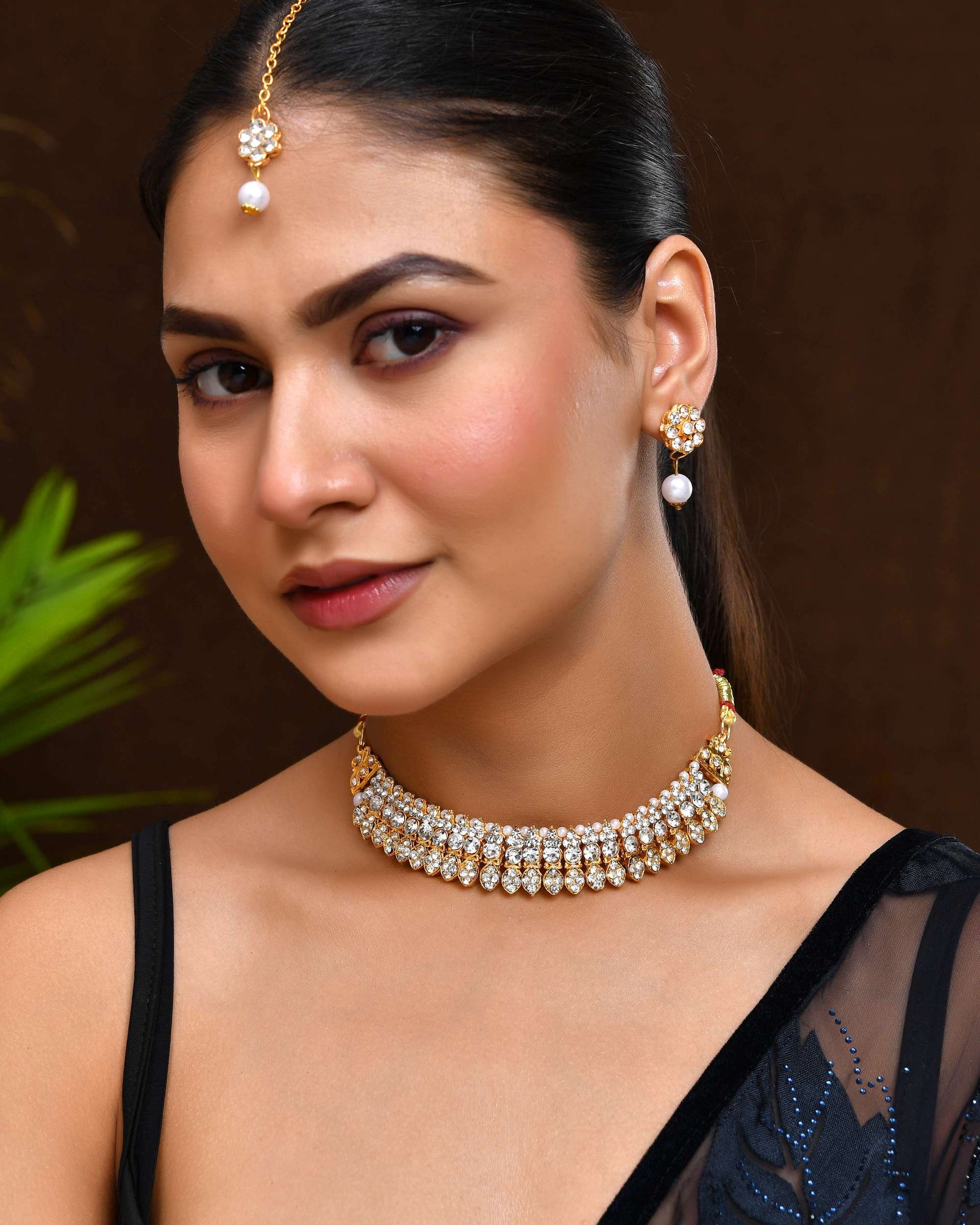 Jewels Nest Gold-Plated American Diamond Studded & Beaded Choker Jewellery Set - Swadesiicart