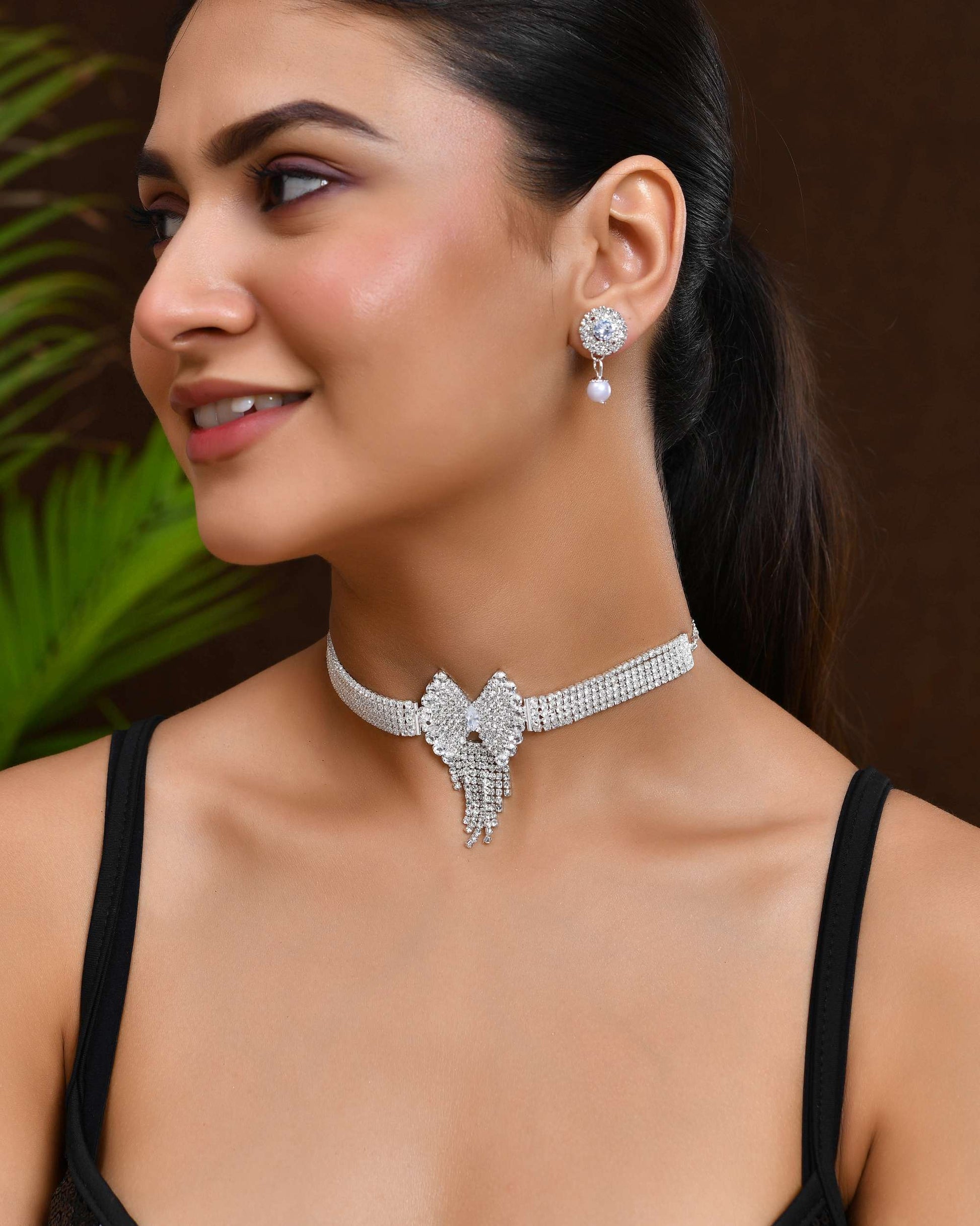 Jewels Nest American Diamond-Studded & Pearl Droplet Silver Choker Set - Swadesiicart