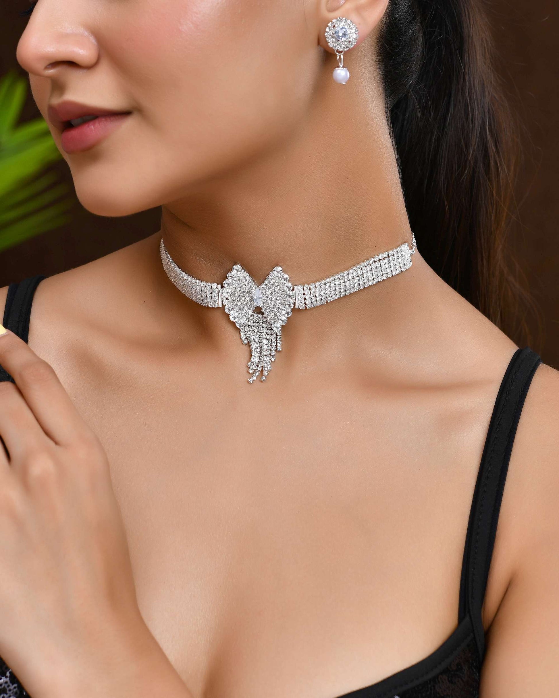 Jewels Nest American Diamond-Studded & Pearl Droplet Silver Choker Set - Swadesiicart