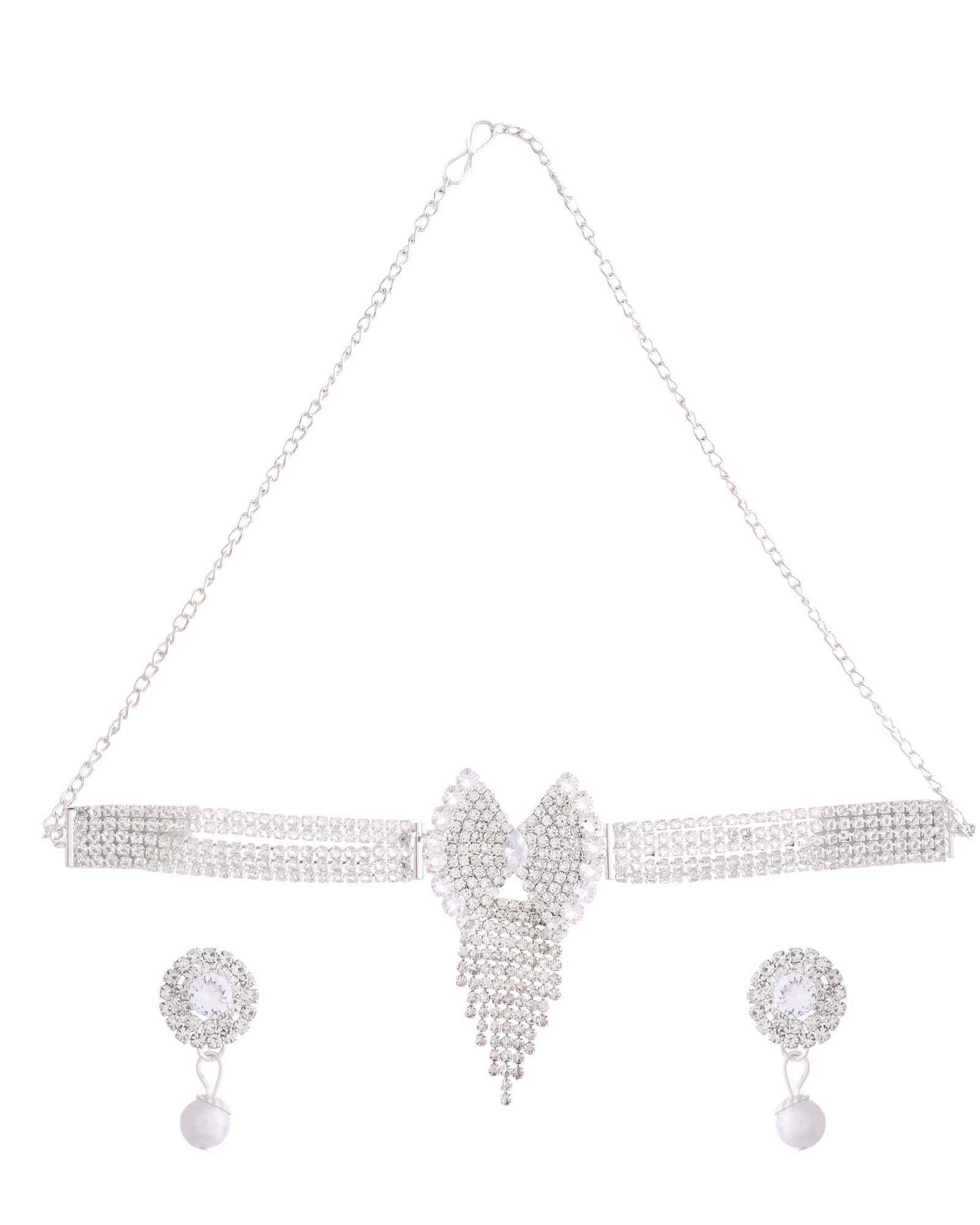 Jewels Nest American Diamond-Studded & Pearl Droplet Silver Choker Set - Swadesiicart