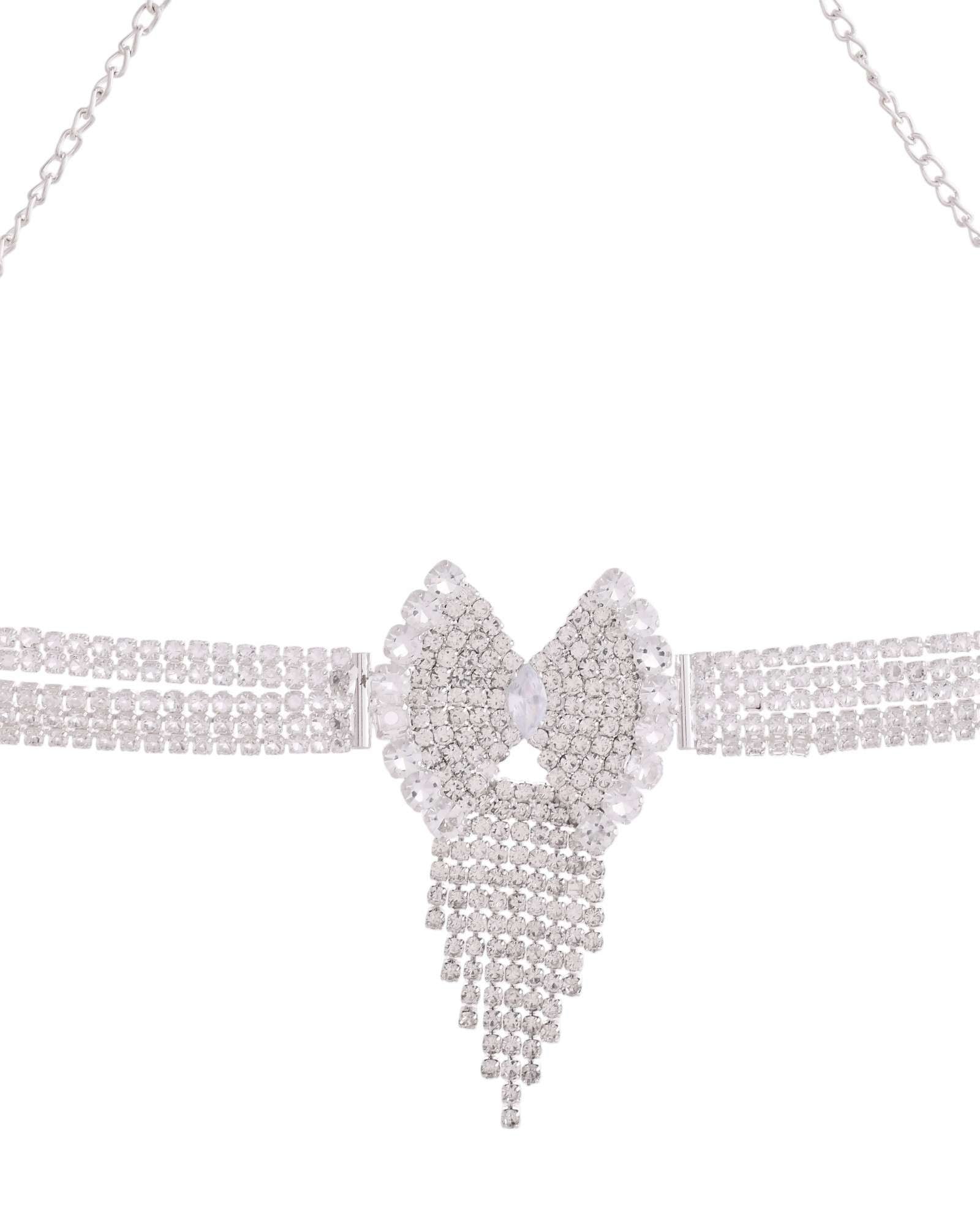 Jewels Nest American Diamond-Studded & Pearl Droplet Silver Choker Set - Swadesiicart