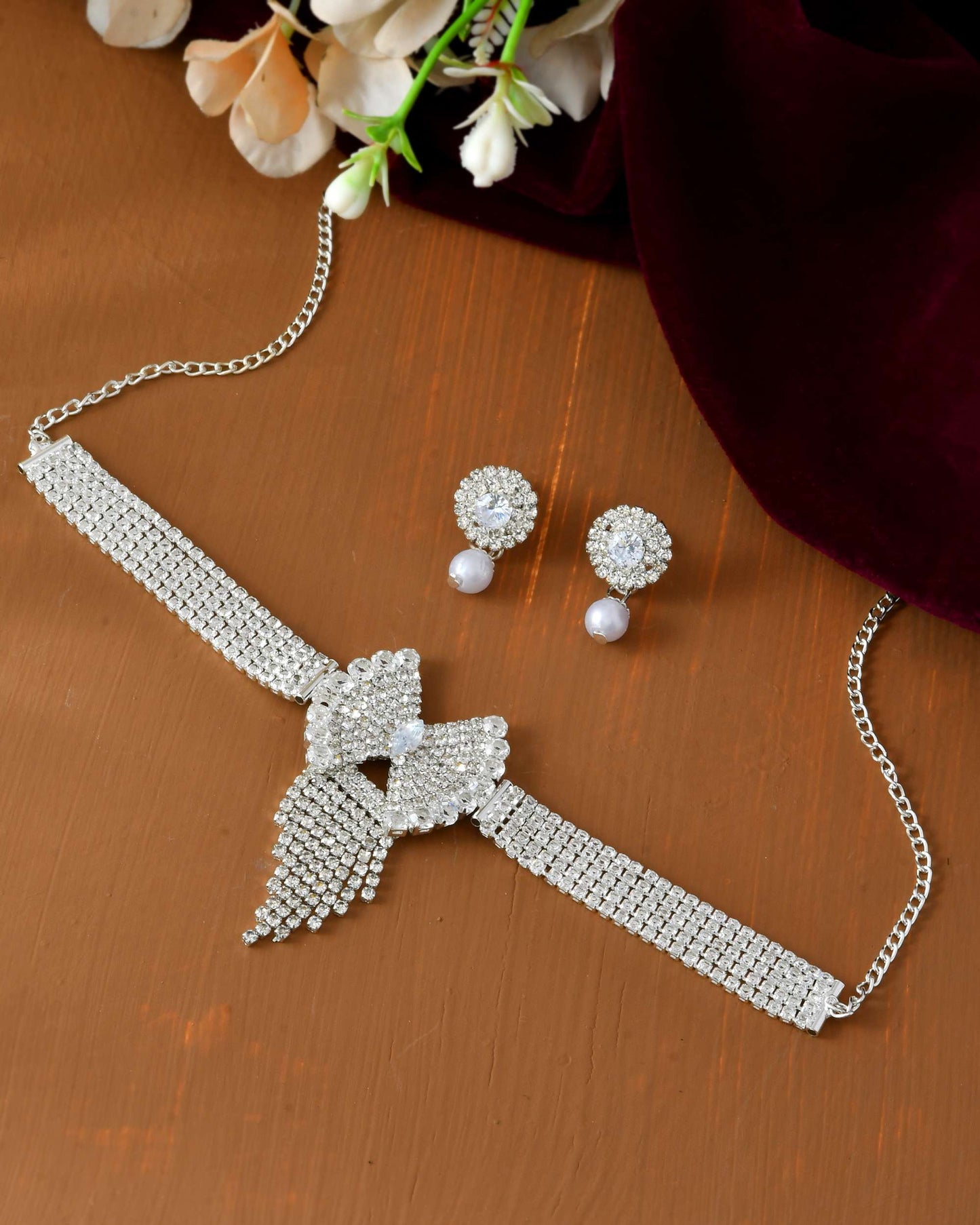 Jewels Nest American Diamond-Studded & Pearl Droplet Silver Choker Set - Swadesiicart