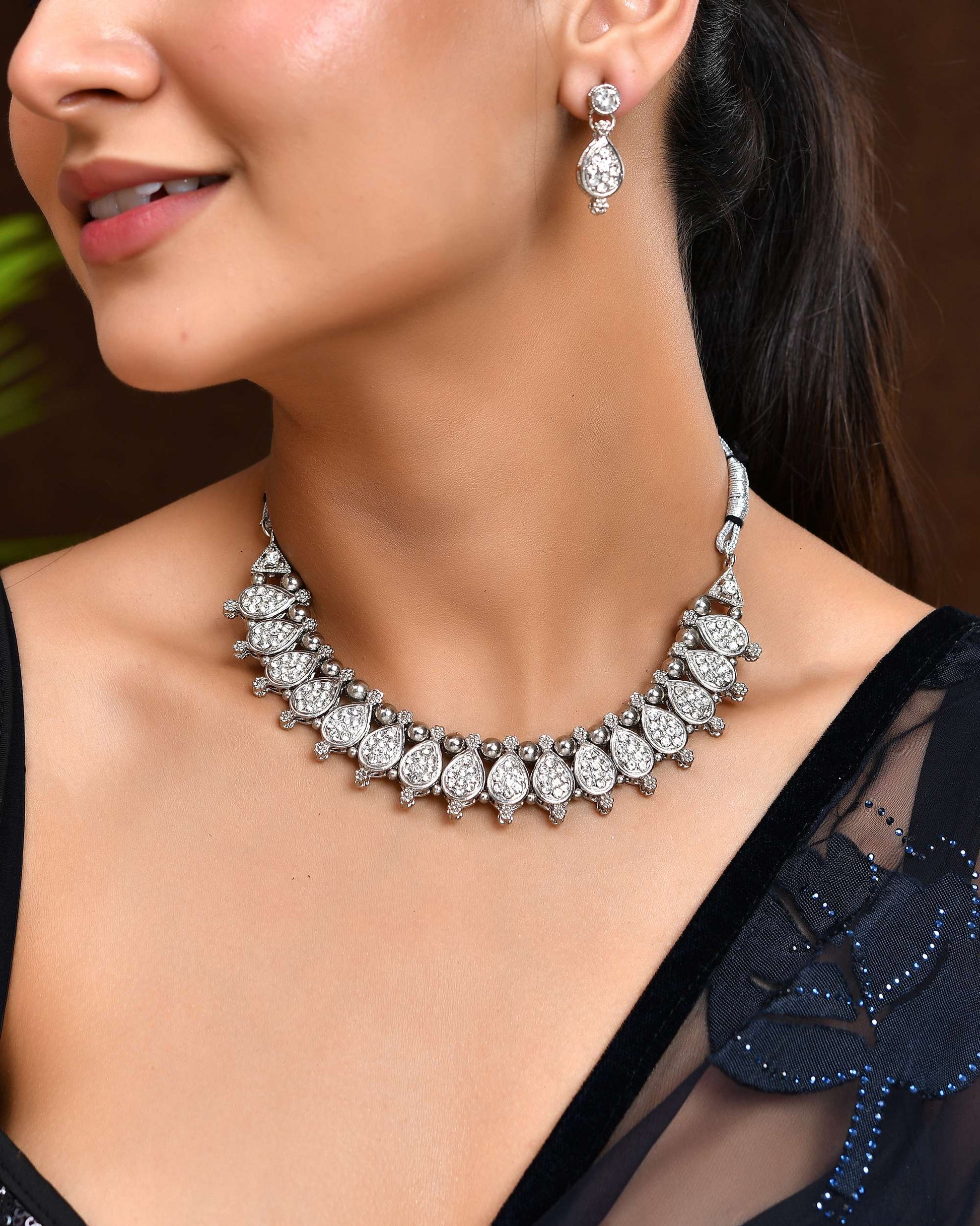 Jewels Nest Silver-Plated AD Studded Traditional Necklace Set for Women - Swadesiicart
