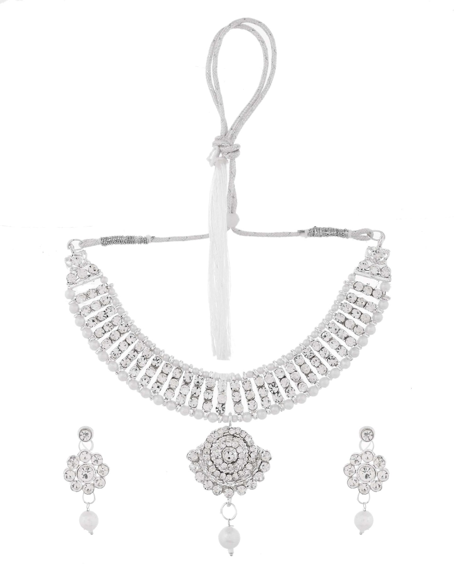 Jewels Nest Dazzling Occasion-Wear Set in Radiant Silver Finish and White Detailing - Swadesiicart