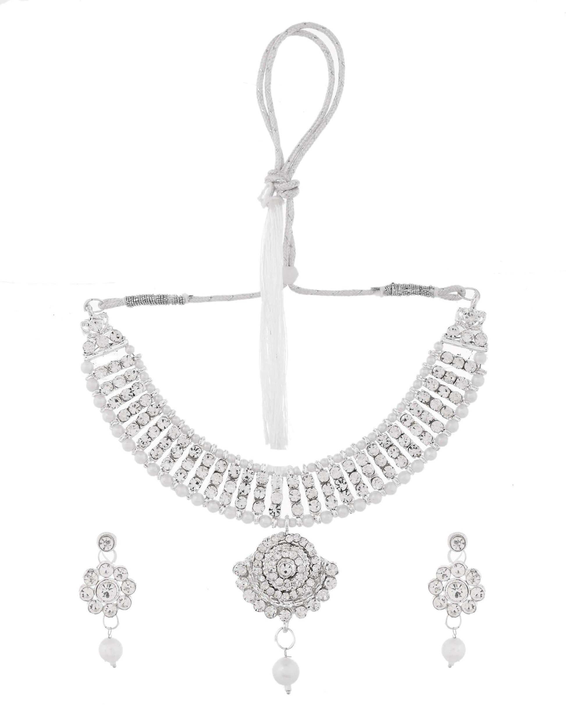 Jewels Nest Dazzling Occasion-Wear Set in Radiant Silver Finish and White Detailing - Swadesiicart