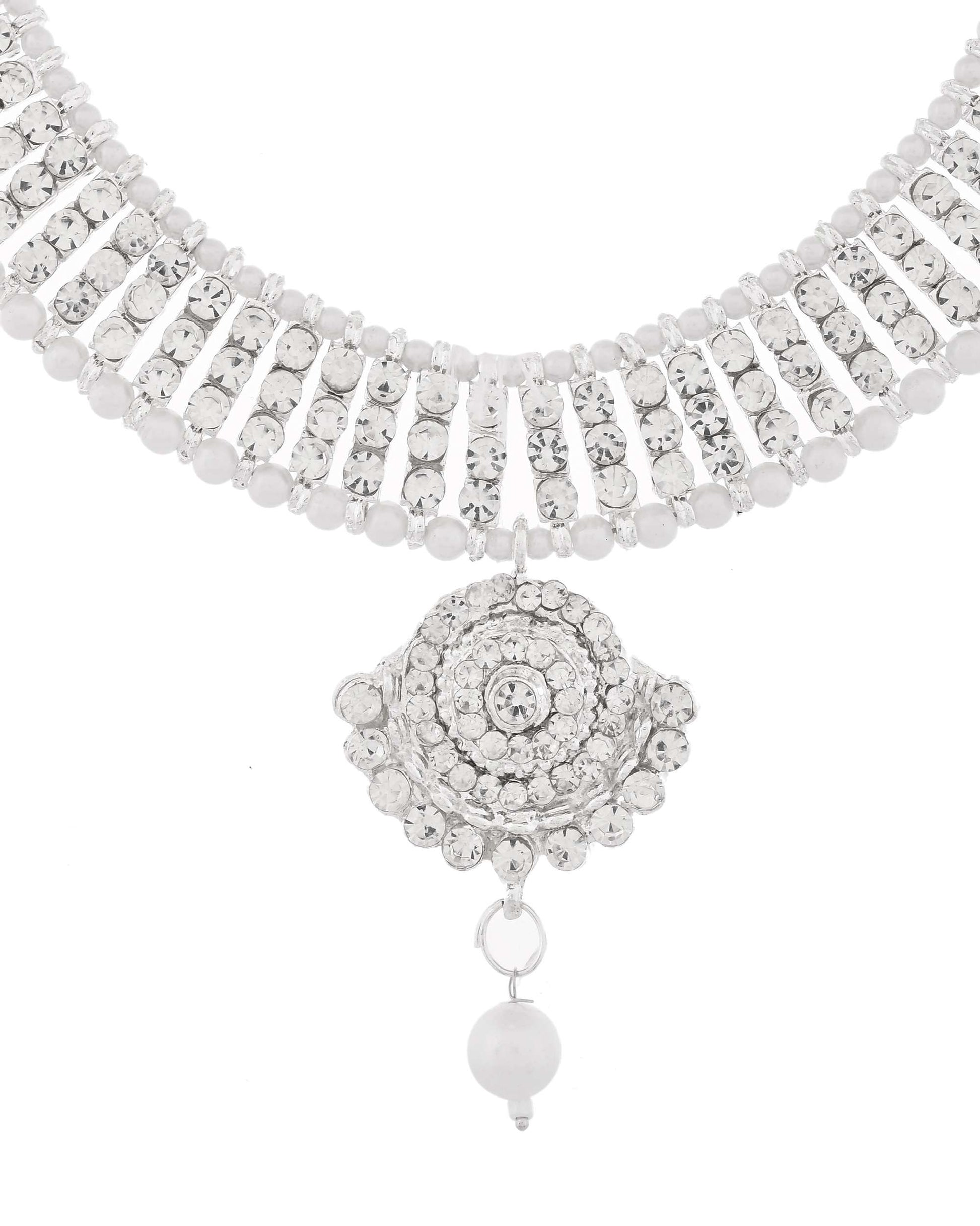 Jewels Nest Dazzling Occasion-Wear Set in Radiant Silver Finish and White Detailing - Swadesiicart