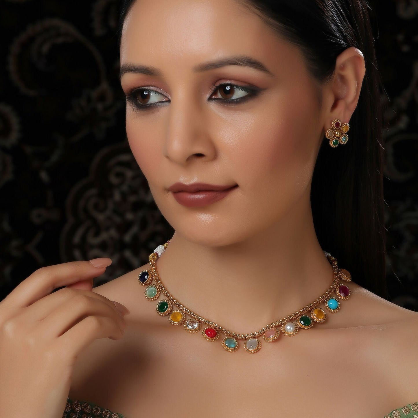 Multi Colored Stone in Gold Choker with Earrings (Multi Color) - Ruby Raang | Swadesiicart
