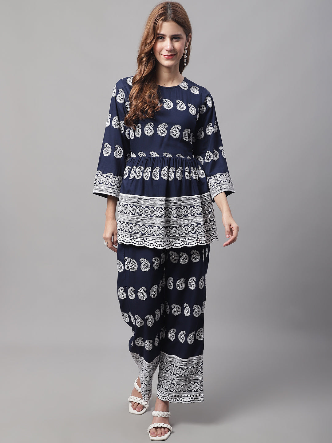 Jainish Women's Embroidered and Sequin work Co-ords - Navy Blue - Swadesiicart