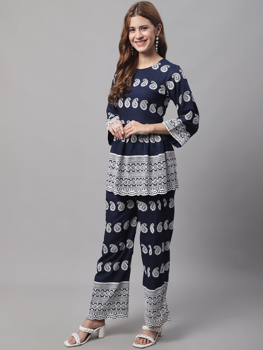 Jainish Women's Embroidered and Sequin work Co-ords - Navy Blue - Swadesiicart