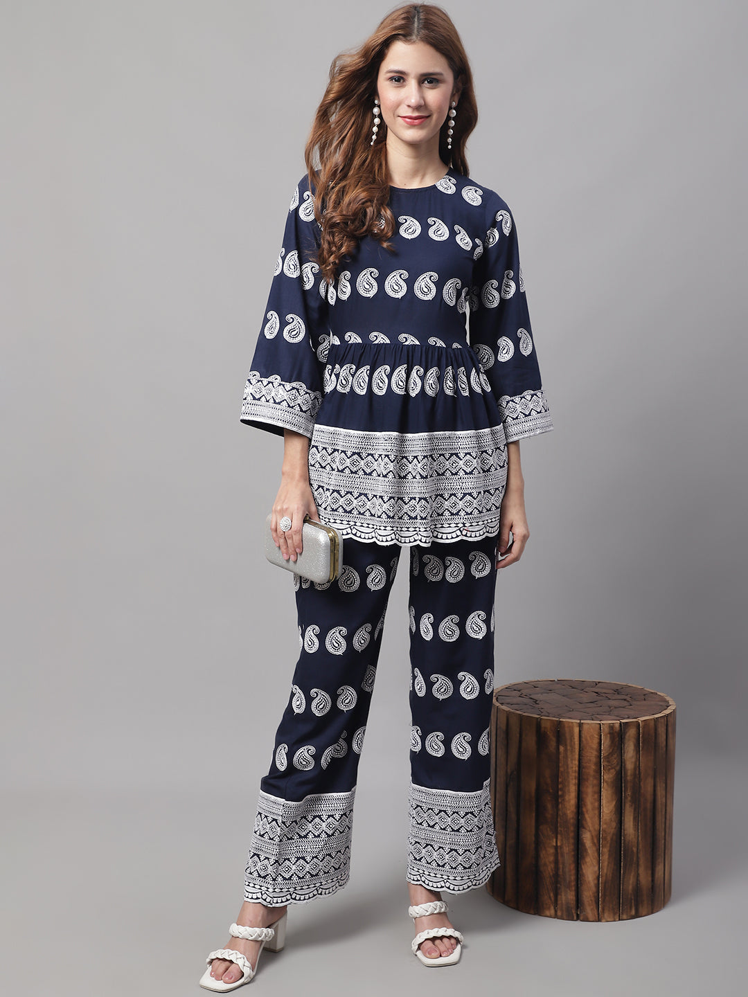 Jainish Women's Embroidered and Sequin work Co-ords - Navy Blue - Swadesiicart