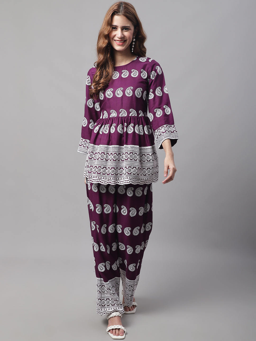 Jainish Women's Embroidered and Sequin work Co-ords - Purple - Swadesiicart