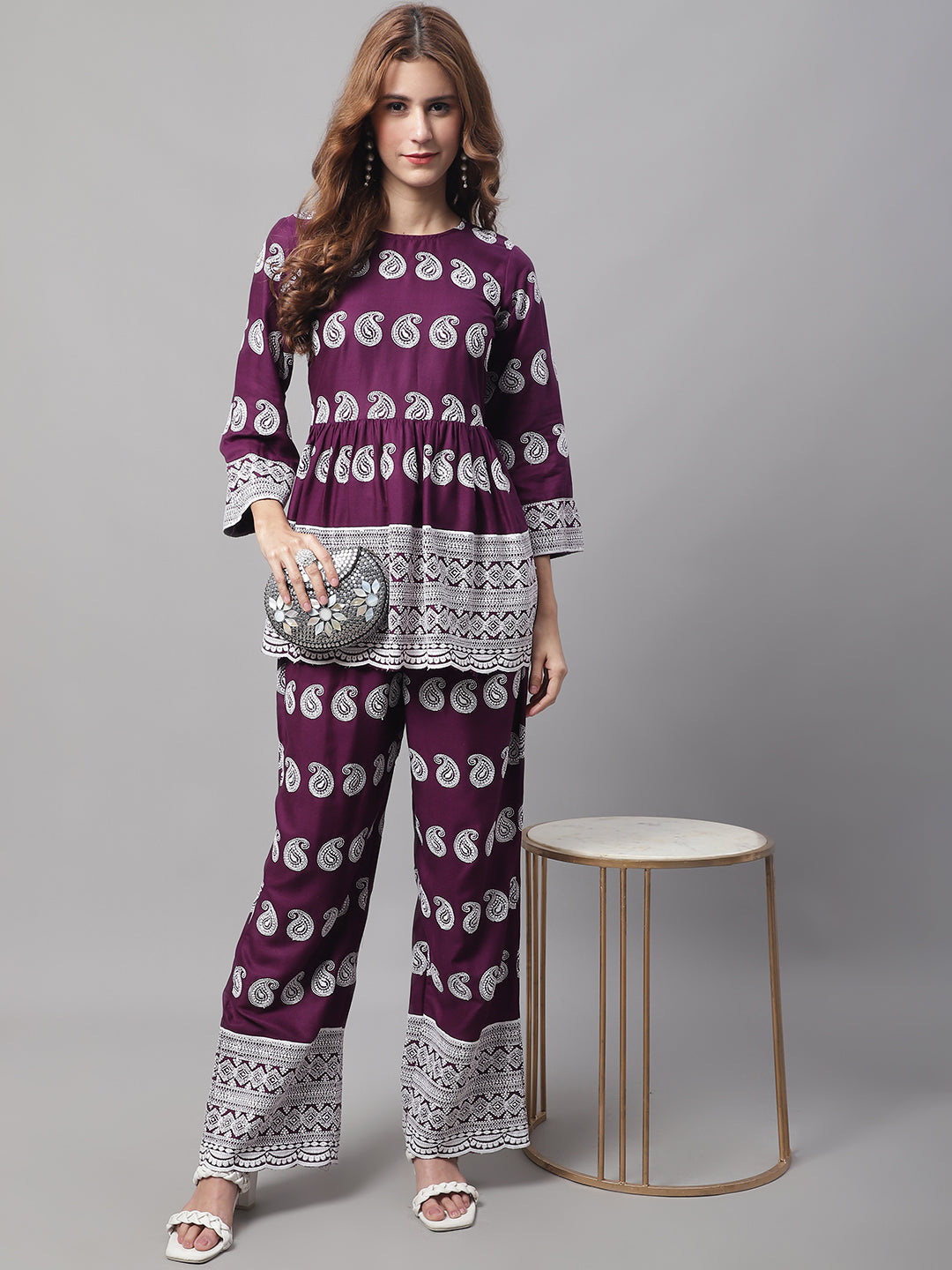 Jainish Women's Embroidered and Sequin work Co-ords - Purple - Swadesiicart