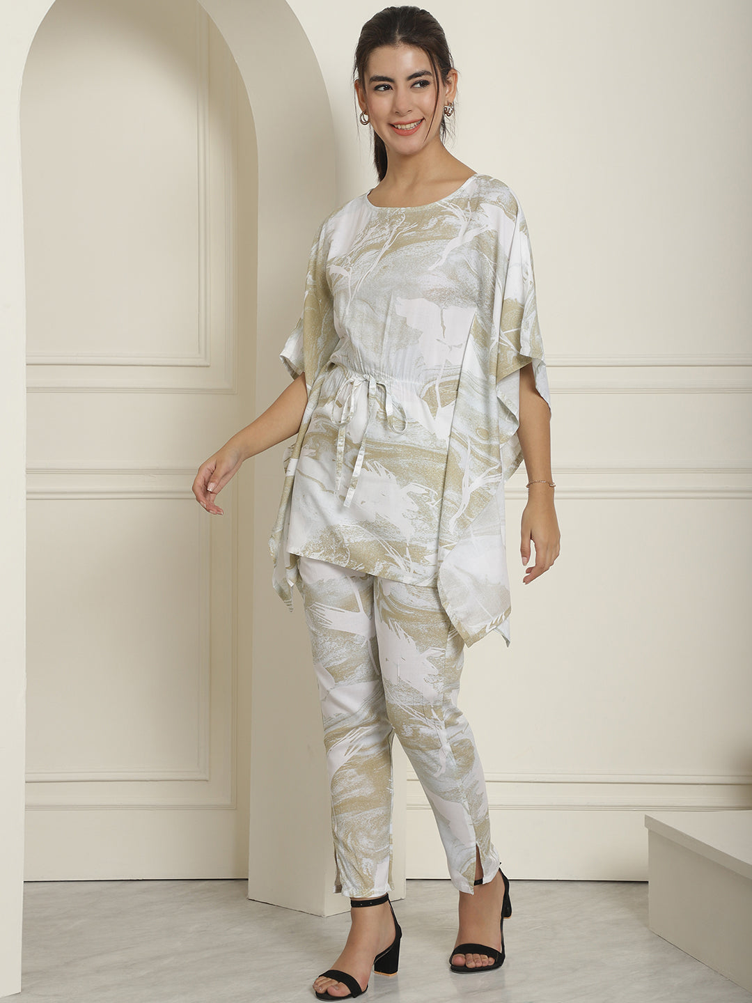 Indian Needle Women's Beige Tie Dye Printed Rayon Kaftan Tunic With Trousers - Beige - Swadesiicart