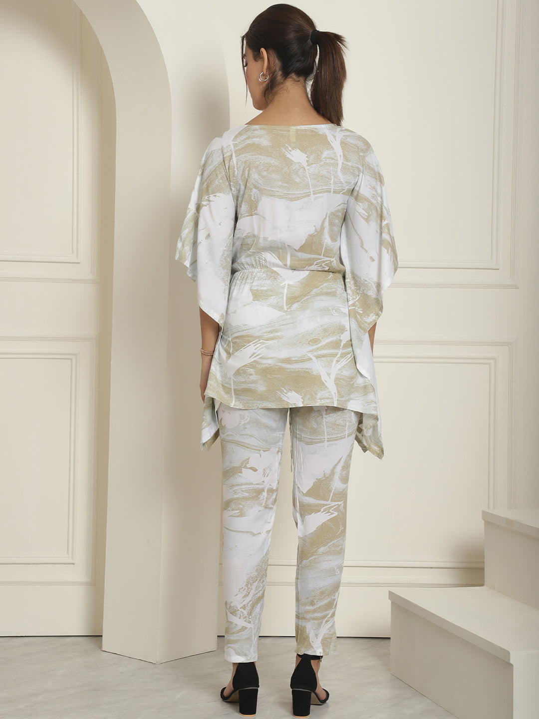Indian Needle Women's Beige Tie Dye Printed Rayon Kaftan Tunic With Trousers - Beige - Swadesiicart