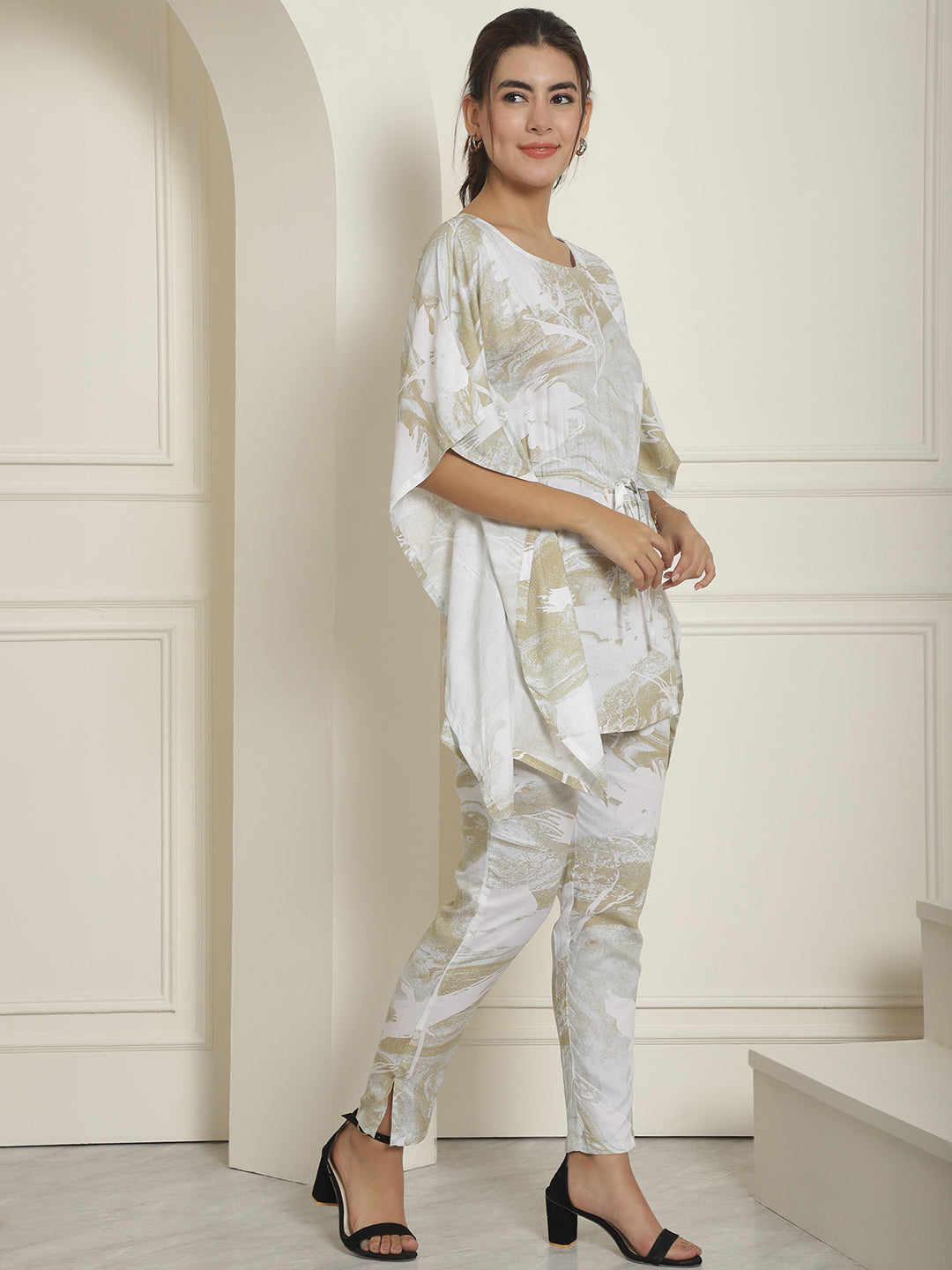 Indian Needle Women's Beige Tie Dye Printed Rayon Kaftan Tunic With Trousers - Beige - Swadesiicart