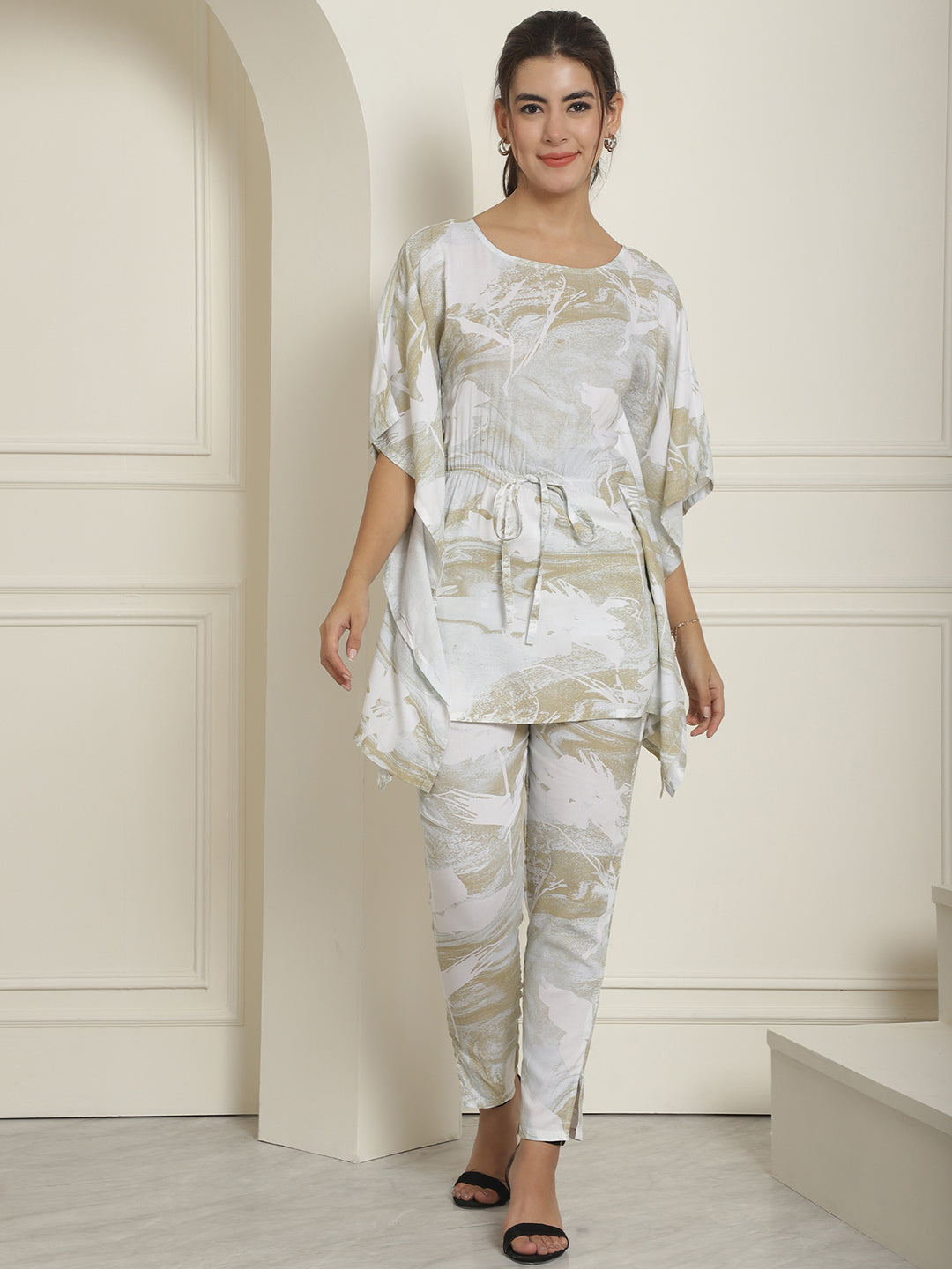 Indian Needle Women's Beige Tie Dye Printed Rayon Kaftan Tunic With Trousers - Beige - Swadesiicart