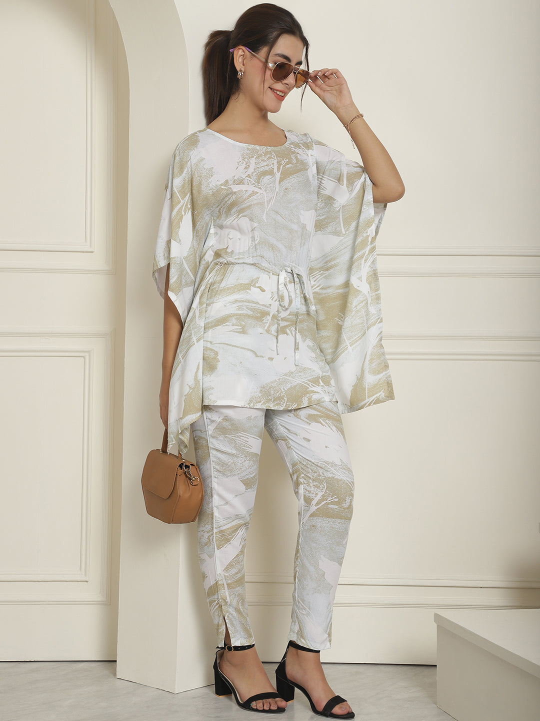 Indian Needle Women's Beige Tie Dye Printed Rayon Kaftan Tunic With Trousers - Beige - Swadesiicart