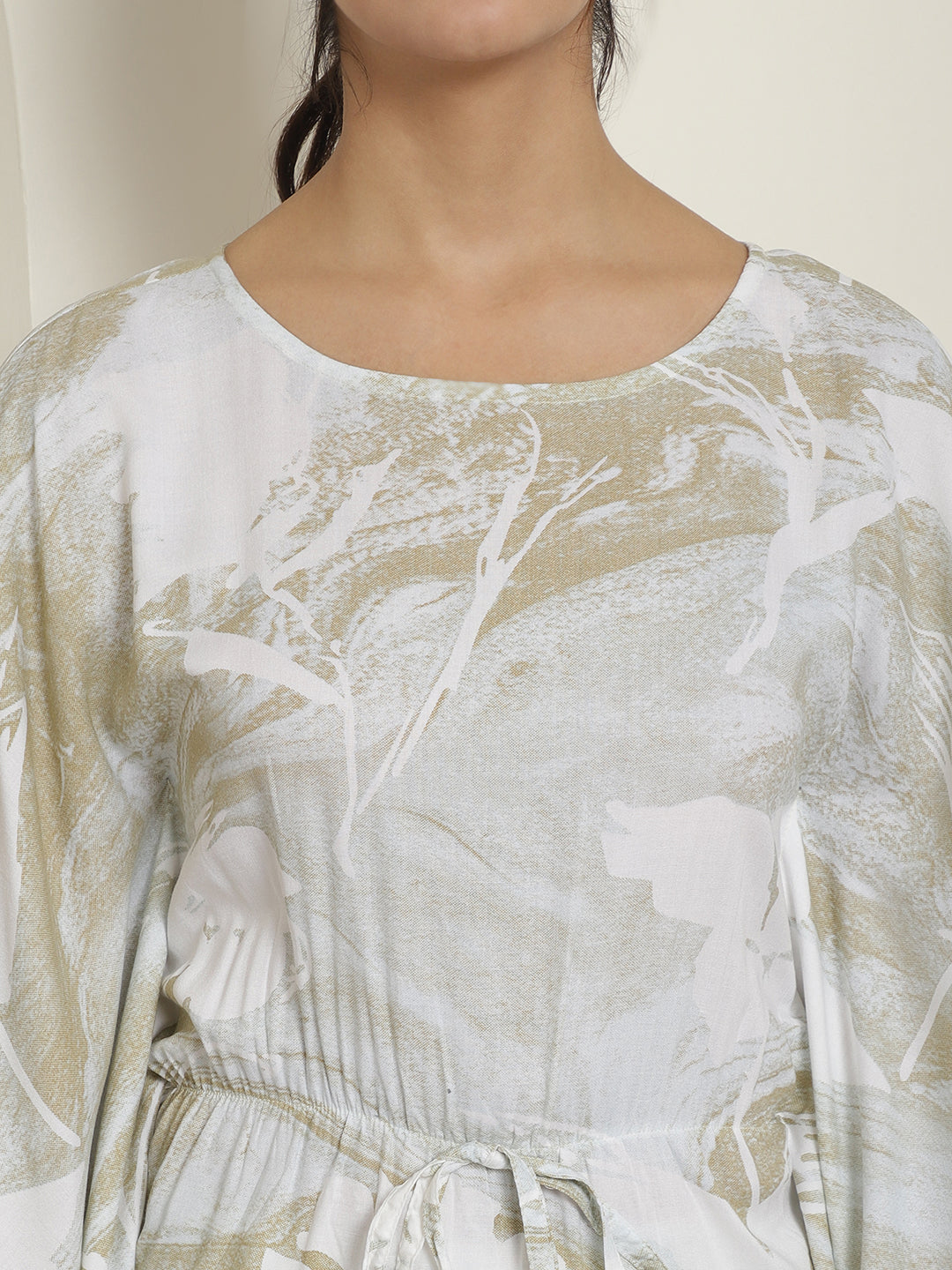Indian Needle Women's Beige Tie Dye Printed Rayon Kaftan Tunic With Trousers - Beige - Swadesiicart