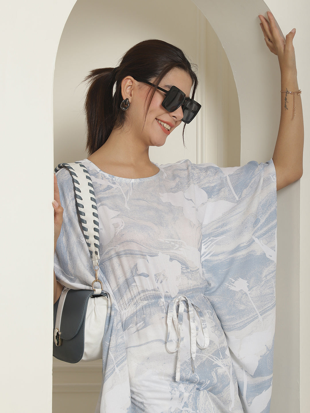 Indian Needle Women's Light-Blue Tie Dye Printed Rayon Kaftan Tunic With Trousers - Light-Blue - Swadesiicart