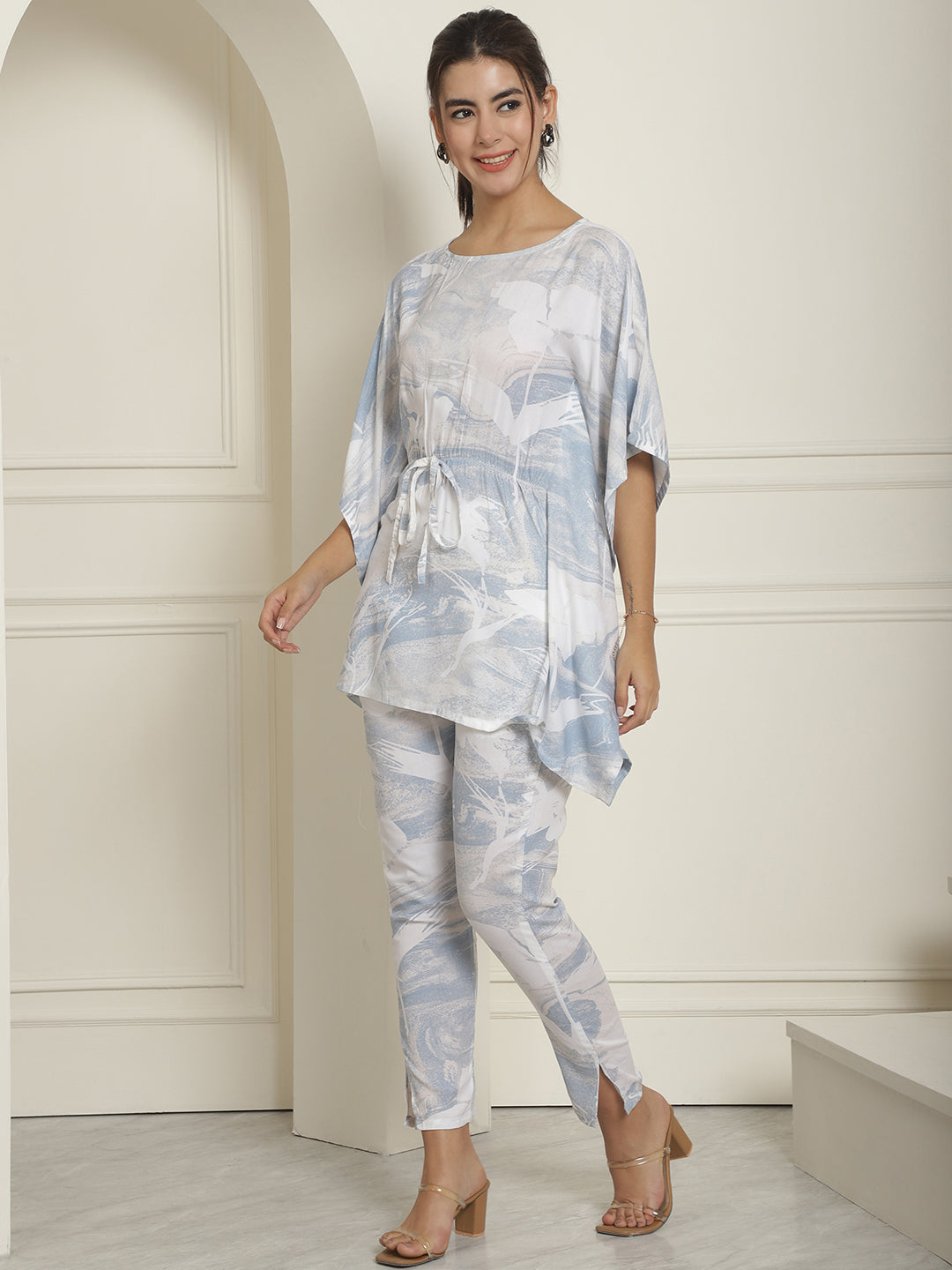 Indian Needle Women's Light-Blue Tie Dye Printed Rayon Kaftan Tunic With Trousers - Light-Blue - Swadesiicart
